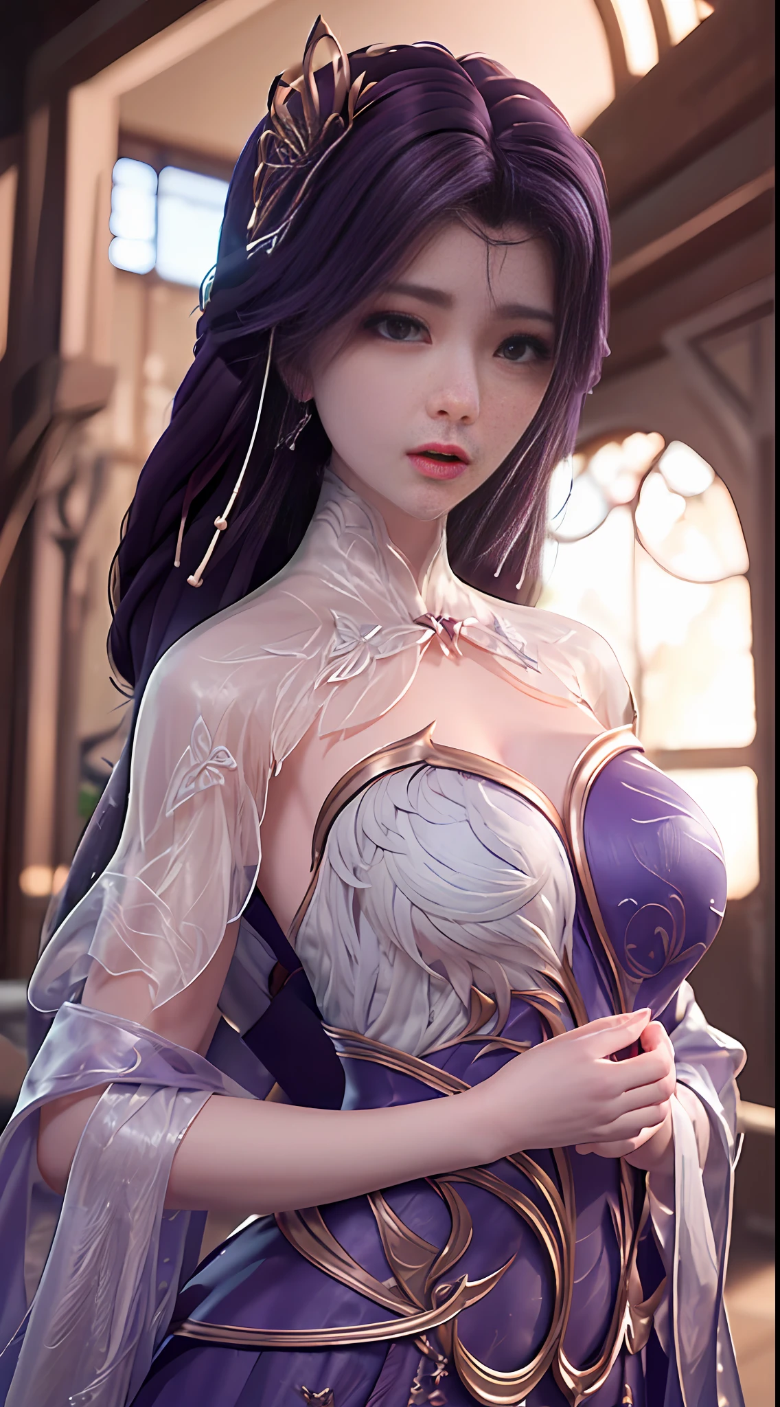 (1 girl:1.3), solo, Unity 8k wallpaper, cinematic lighting, RTX, unity, 3D Rendering, 3D render, blender, C4D, octane render,
super detailed, beautiful and aesthetic, beautiful, masterpiece, best quality, fantastic atmosphere, calm color palette, tranquil mood, soft shadows, yunxi dress,, alafi in purple dress and purple cape, goddess, flowing magic robe, 8K high quality detail art, extremely detailed goddess shot, beautiful and elegant elf queen, beautiful fantasy queen, 4K detail fantasy, super detailed fantasy characters, gorgeous flowing robes, fantasy art style, Extremely detailed Artgerm