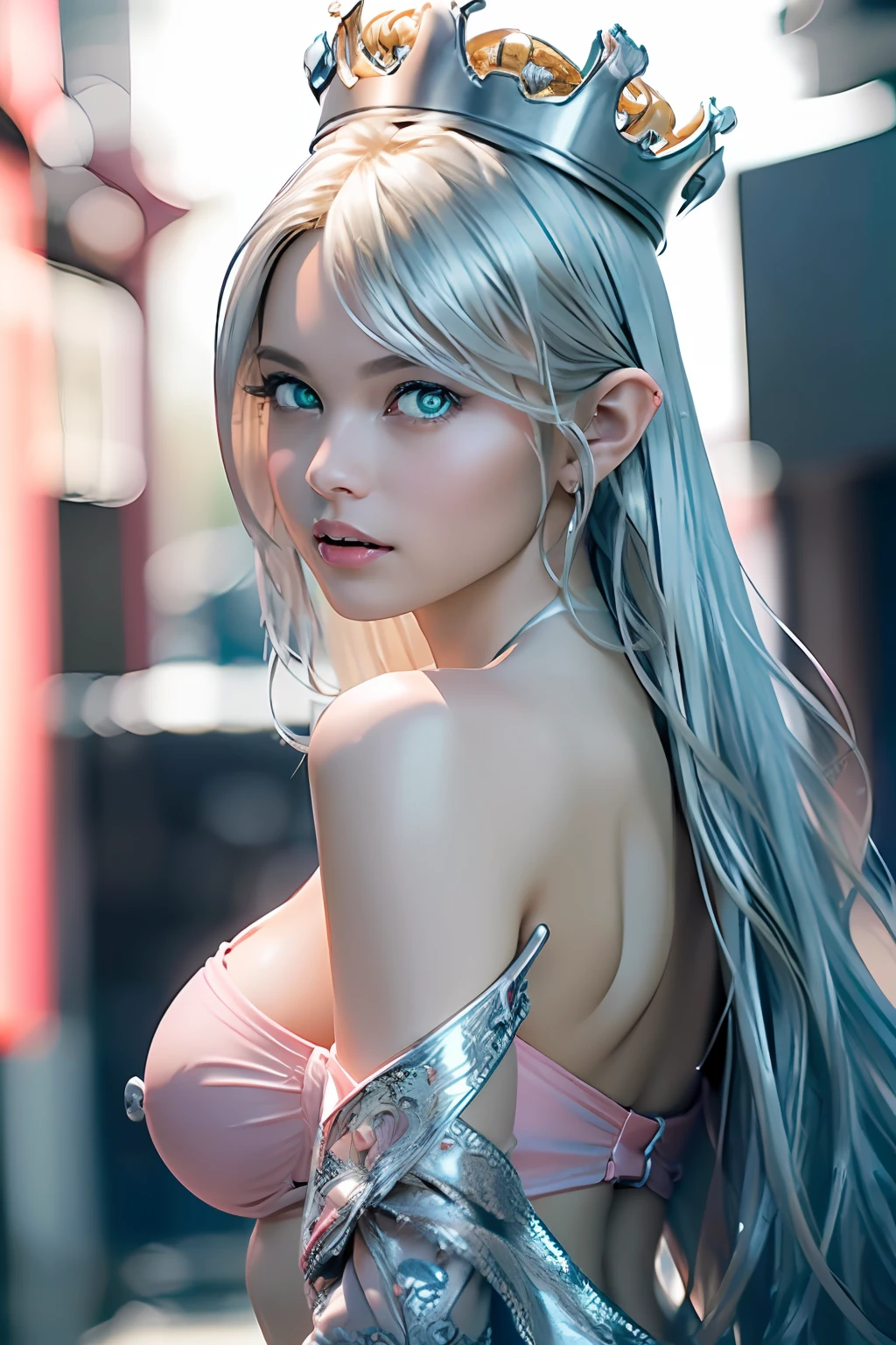 Ultra-detailed complex 3D rendering of the face, (masterpiece, top quality, octane rendering,), glamour shots full body image, very beautiful young elves, cleavage, (highly detailed skin: 1.2), (exposure: 1.1), ((blue micro bikini: 1.95)))). , 8k, (((very soft breasts)), (((conspicuous large pink areola)), beautiful Caucasian woman with full soft breasts and white skin with big buttocks, one, long braided hair, big breasts, dynamic angle, (((huge breasts: 2.4)), ultra-realistic photos, ((((blonde hair))), futuristic urban background, facial muscles, ((((Detailed and glamorous silver crown)))), In the style of Marvel Comics, ArtStation Trends, Clear Focus, Intricate Detail, Highly Detailed, Detailed Green Eyes, Very Detailed, Sharp Focus, Digital Rendering, Professional, Abs, Lip Gloss, Glossy Skin, Sexy Pose, Shot with Canon EOS R 6, ((Sexy Pose))),