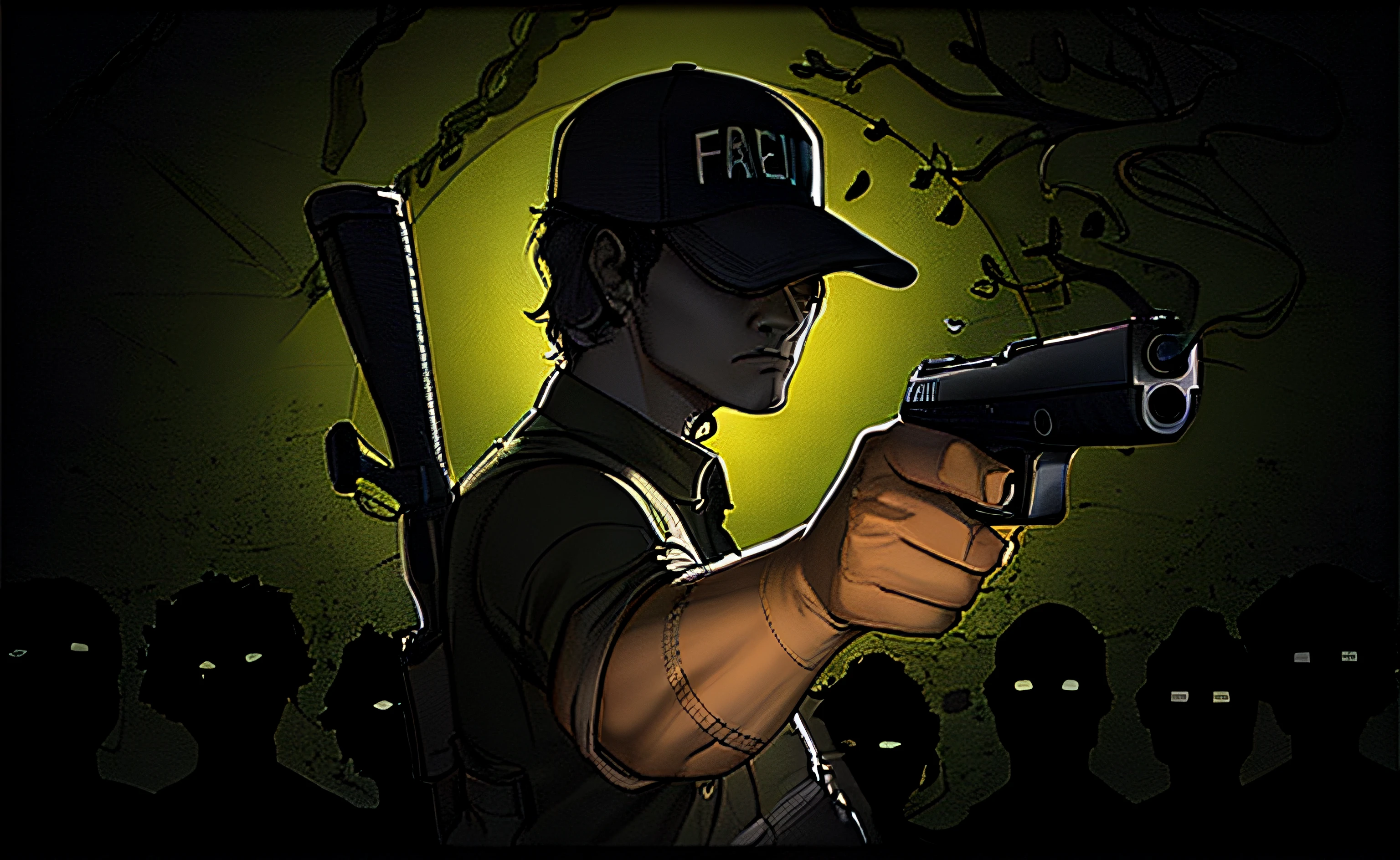 a colorful animated drawing of a man holding a gun in front of a horde of zombies, in the foreground boy with cap and a pistol, on the back, a rifle, keyframe illustration, concept piece, detailed fanart, concept art for a video game, line art Rick Grimes, closeup of character art, dark high-contrast concept art,  Jamie Hewlett Art, Fanart, Badass Composition