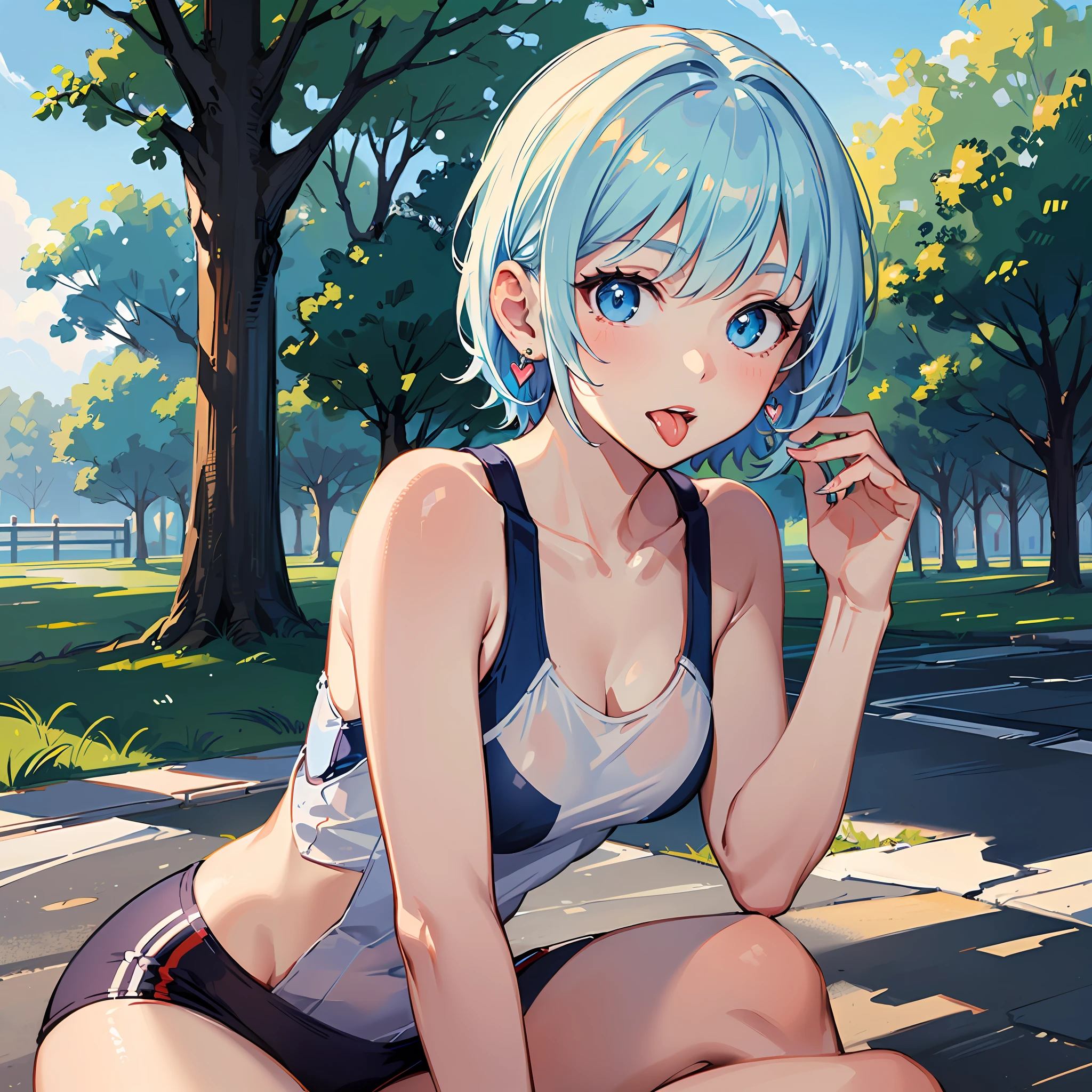 (((Masterpiece)))), ((((Best Quality))), Hi-Res, On Thighs, Slouched, (Cute One Girl))), Solo, White Skin, Small, Eight-headed Body, (Light Blue Hair), ((Short Hair)), (Straight Bangs)), Beautiful Hair, Blue Eyes, Beautiful Eyes in Detail, ((Tongue)), Red Face, Heart, Sportswear, Earrings, Outdoor, Park, (Morning), Shadow Lighting,