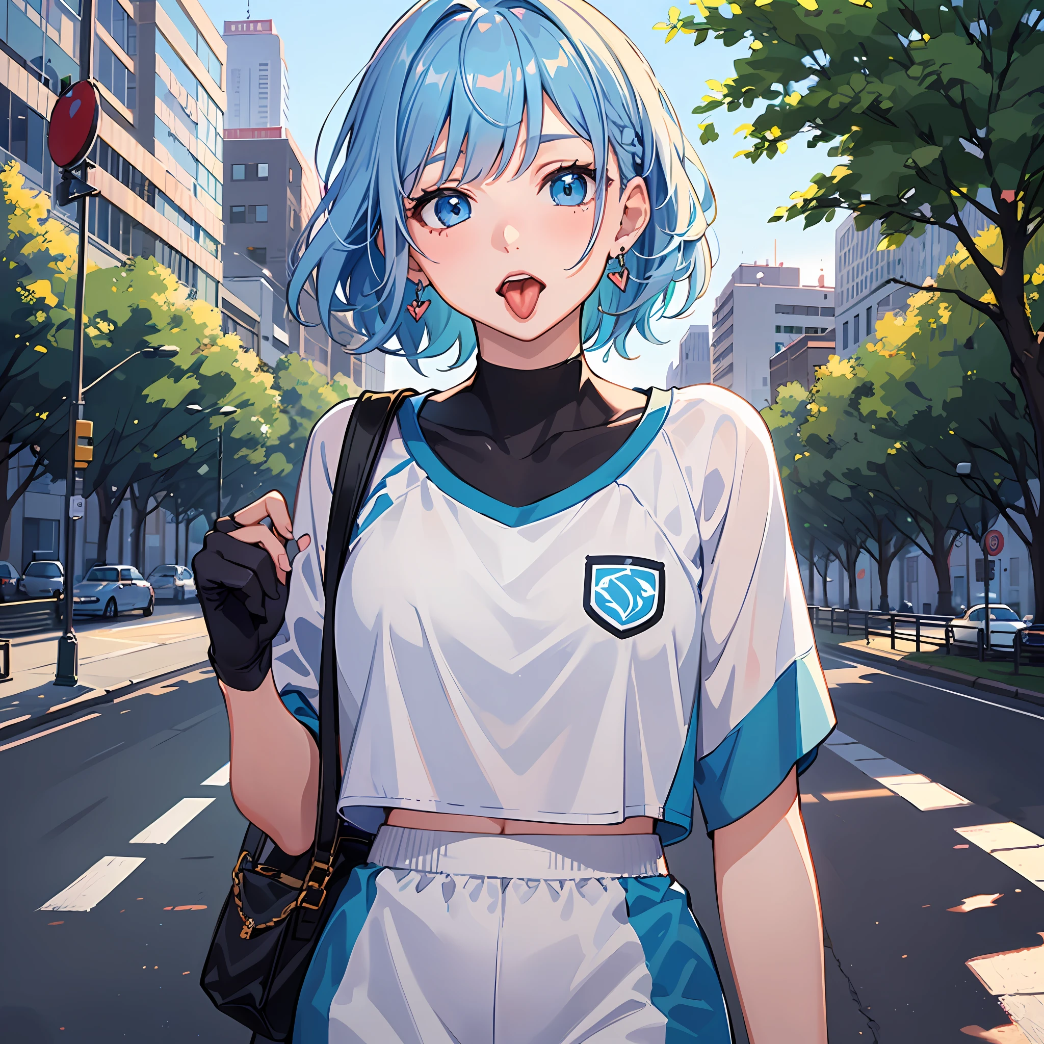 (((Masterpiece)))), ((((Best Quality))), Hi-Res, On Thighs, Slouched, (Cute One Girl))), Solo, White Skin, Small, Eight-headed Body, (Light Blue Hair), ((Short Hair)), (Straight Bangs)), Beautiful Hair, Blue Eyes, Beautiful Eyes in Detail, ((Tongue)), Red Face, Heart, Sportswear, Earrings, Outdoor, Park, (Morning), Shadow Lighting,