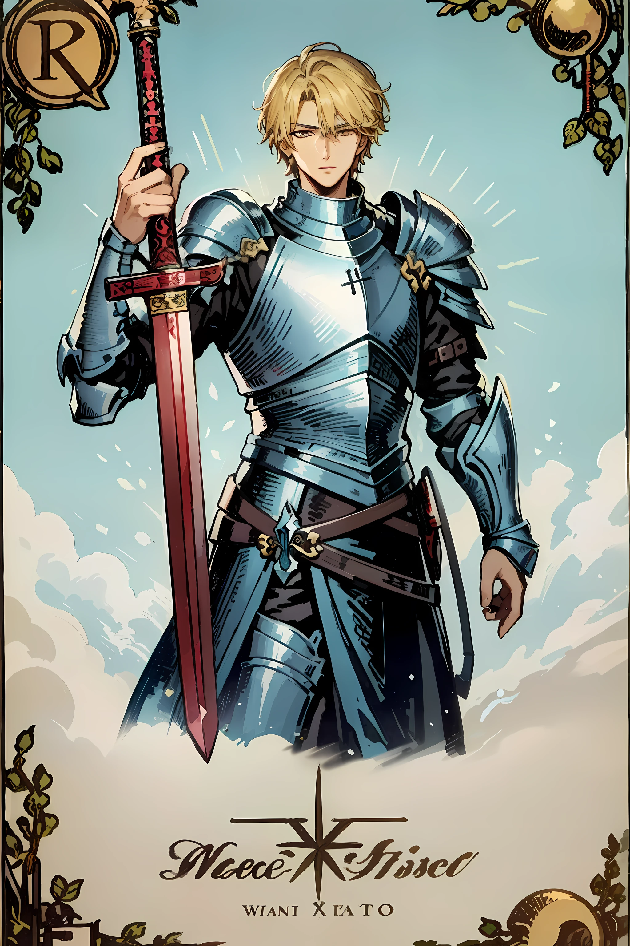 masterpiece, handsome man, blonde hair, armor, knight, sword, ice prince, beautiful background, secret concept tarot card history card mystery, tarot card, best quality