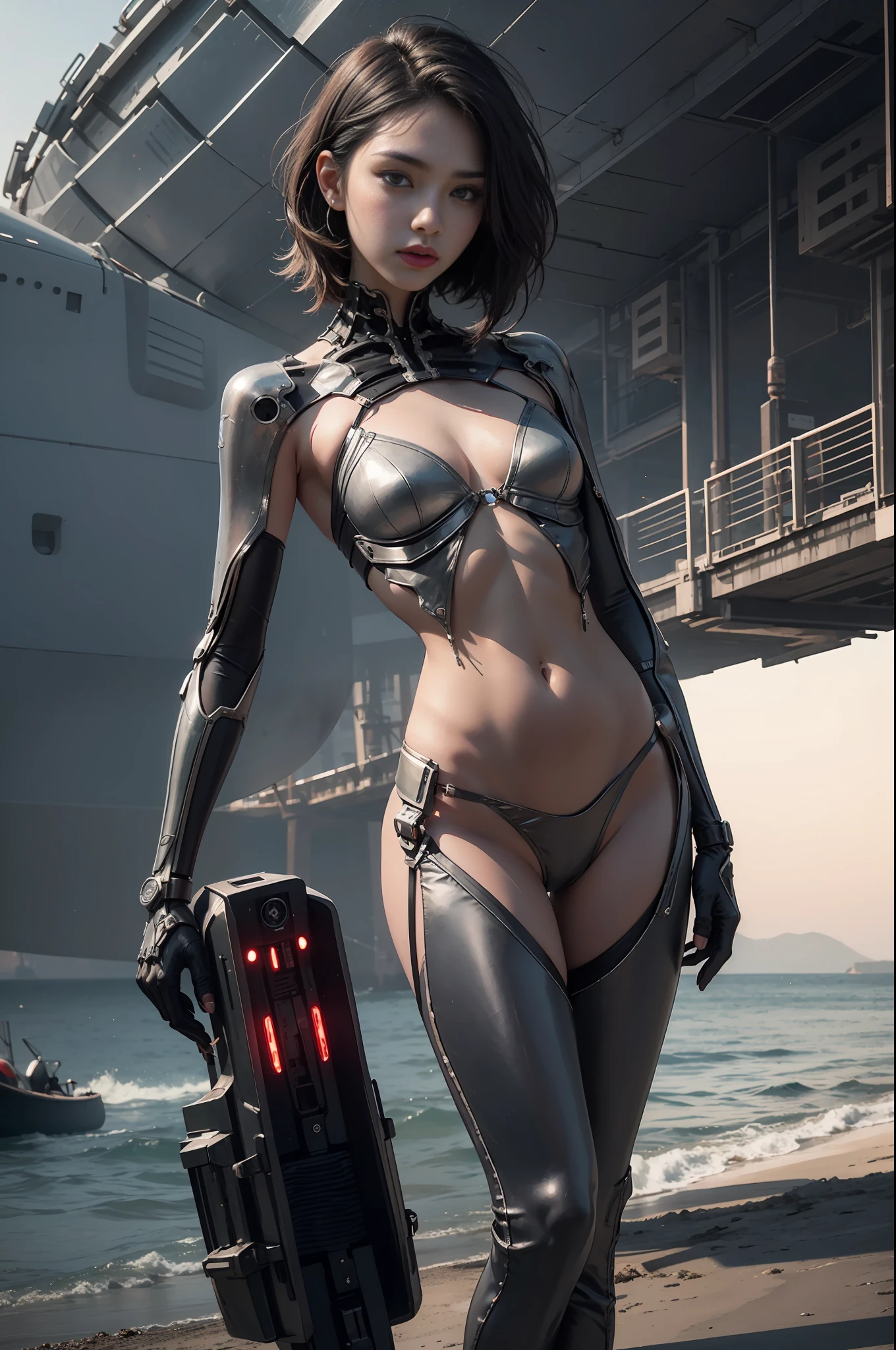 Best quality, delicate face, 25-year-old girl, slim body, body made of metal, small bust, metal structural skeleton, seaside, standing posture, beach, huge spaceship floating in the air, cyberpunk, sci-fi