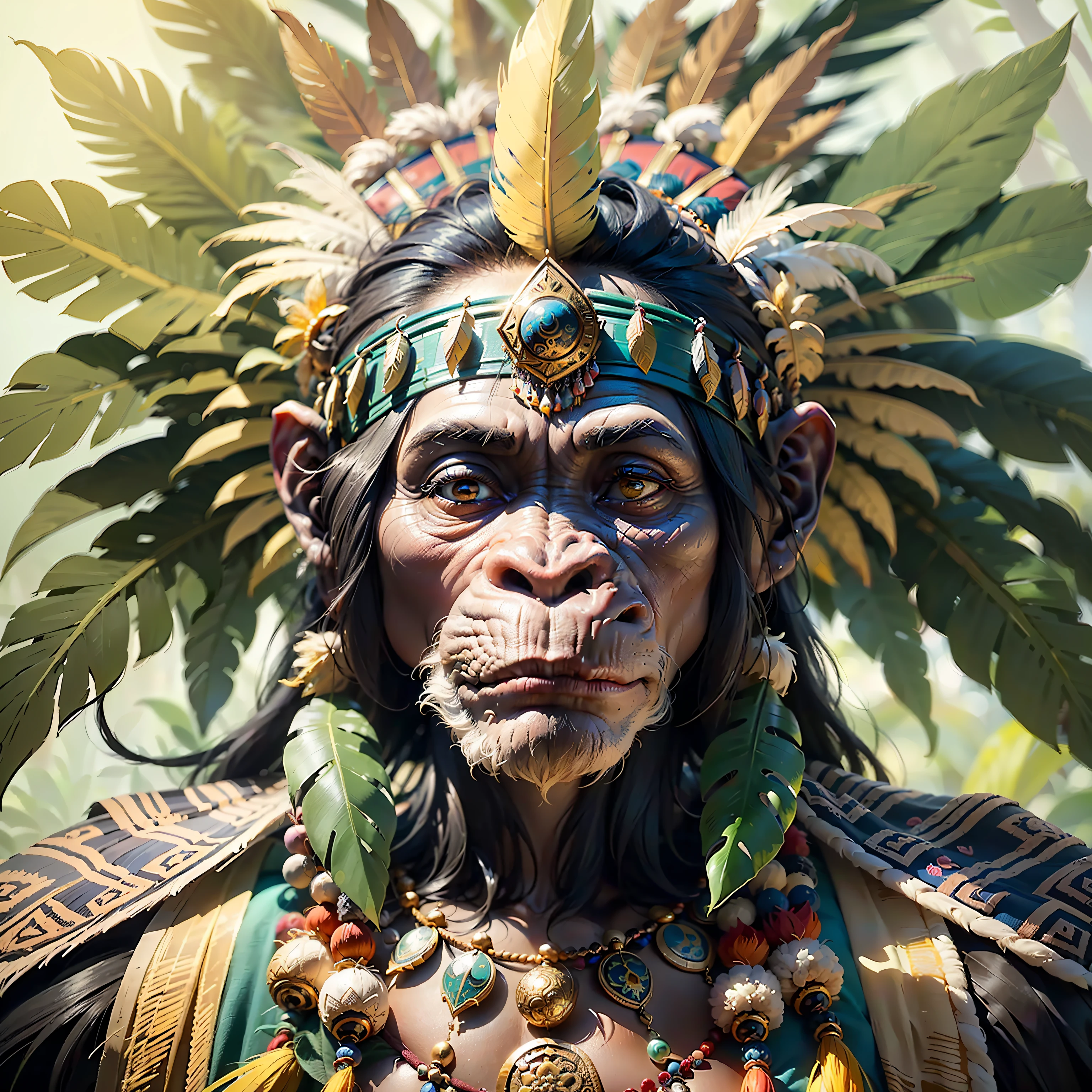 Chimpanzee Head ((Shaman)),,((meditative state),,Shaman, elegant chimpanzee, hair with details, with Indian headdress on head, ((meditating)) many colorful feathers, colorful feathers, facing the camera, detail: dense tropical foliage, highly detailed intricate, ((masterpiece)), ultra hyperrealistic, masterpiece