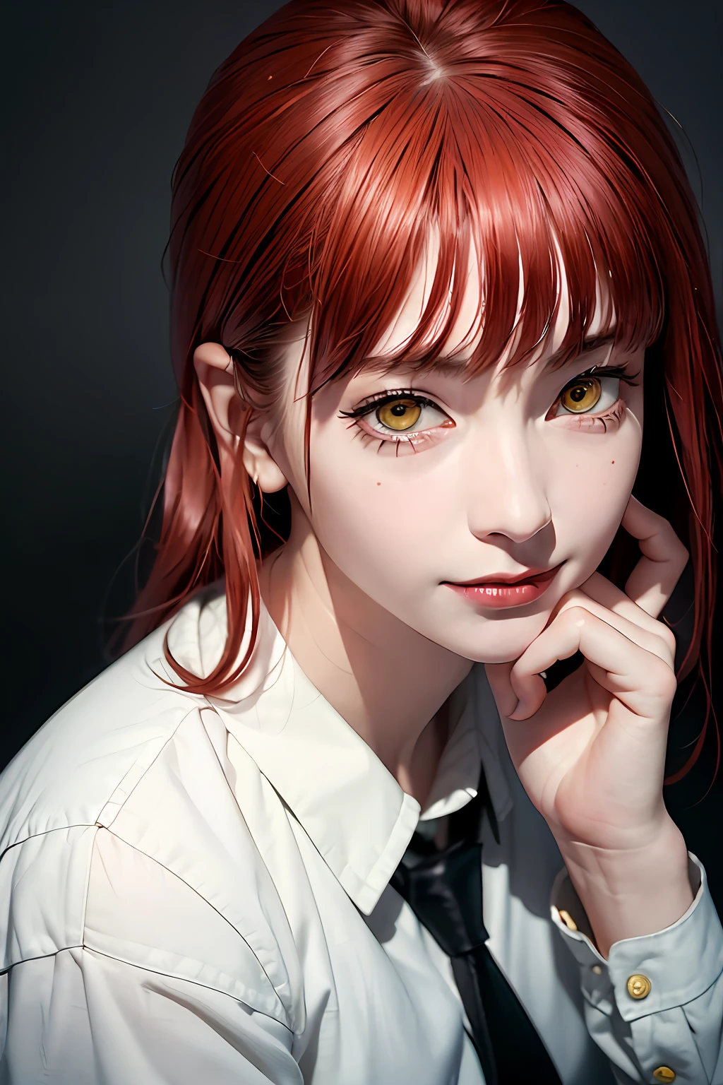 Masterpiece, Best Quality, Portrait, (Solo), Makima \ (Chainsaw Man \), (20yo, Mature Cool and Beautiful Face), Standing, (Redhead), (Bright Glowing Eyes: 1.4), (Golden Eyes: 1.3), Bangs, Medium, White Shirt, Tie, Staring, (Disgust, Smile), (Evil: 1.2), Staring at the Viewer, (Narrow Eyes), High Definition, (Staring at the Viewer: 1.15), dark background, background blur,