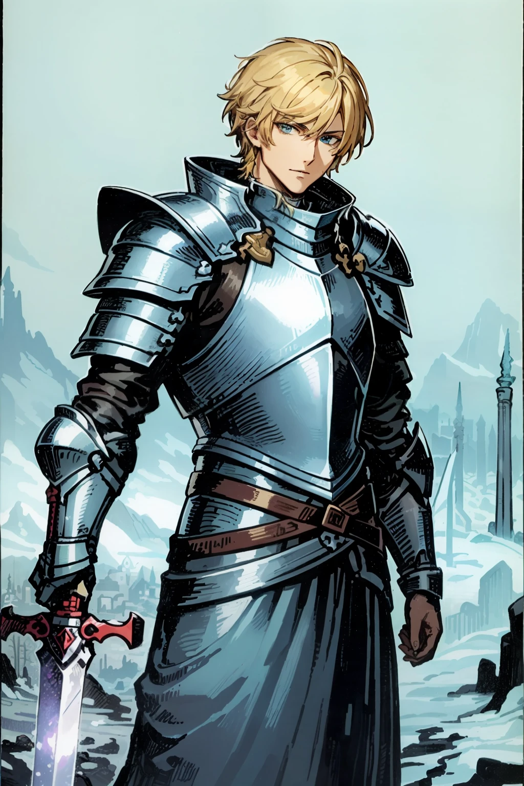 masterpiece, handsome man, blonde hair, armor, knight, blue eyes, ice sword, ice prince, beautiful background, secret concept tarot card history card mystery, tarot card, best quality
