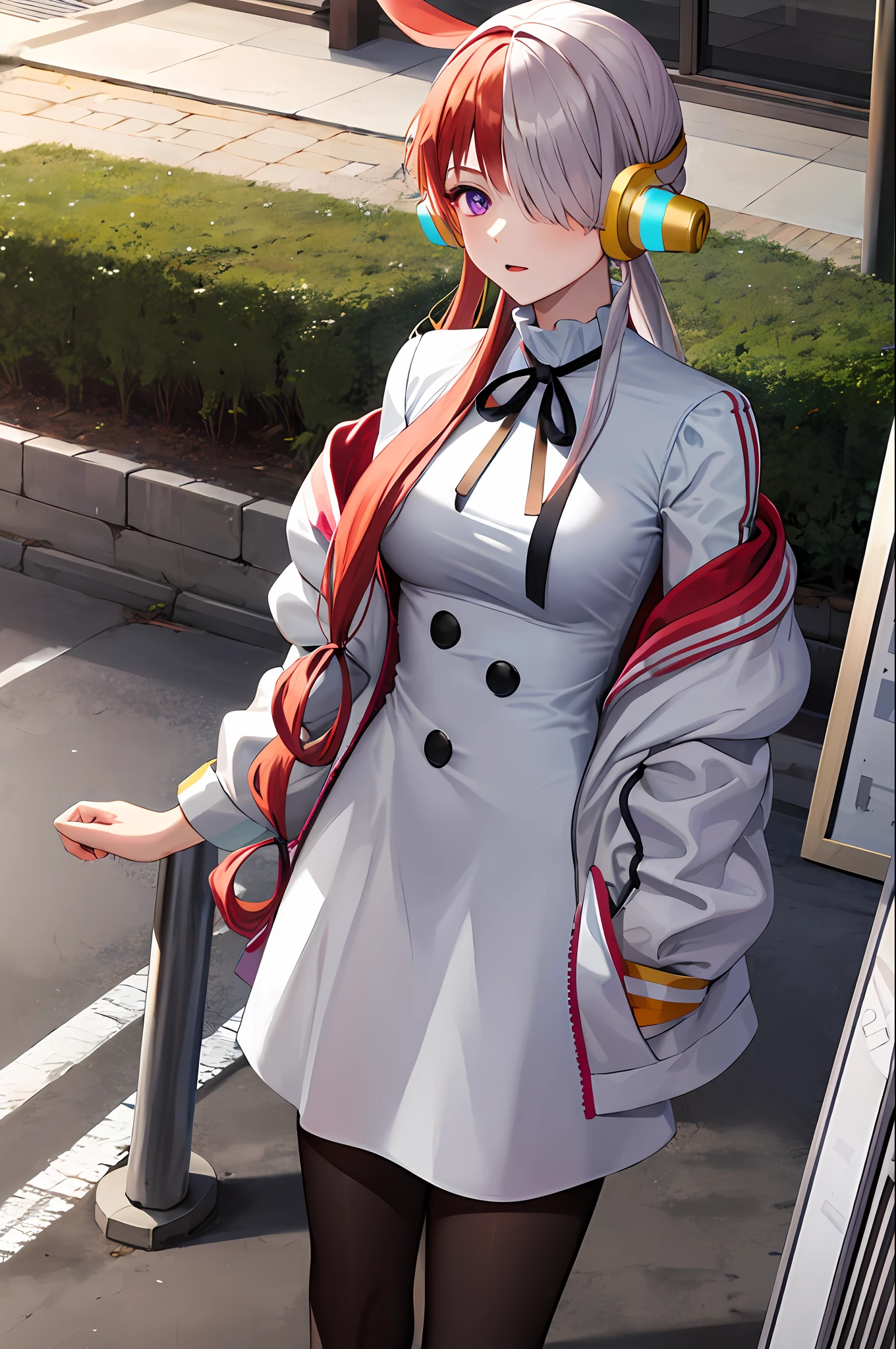 masterpiece, best quality, highres, 1girl, split-color hair, hair over one eye, red hair, multicolored hair, long hair, purple eyes, two-tone hair, hair rings, white dress, headphones, white hair, black ribbon, bangs, very long hair, medium breasts, long sleeeves, open jacket, oversized clothes, standing, street, cowboy shot,