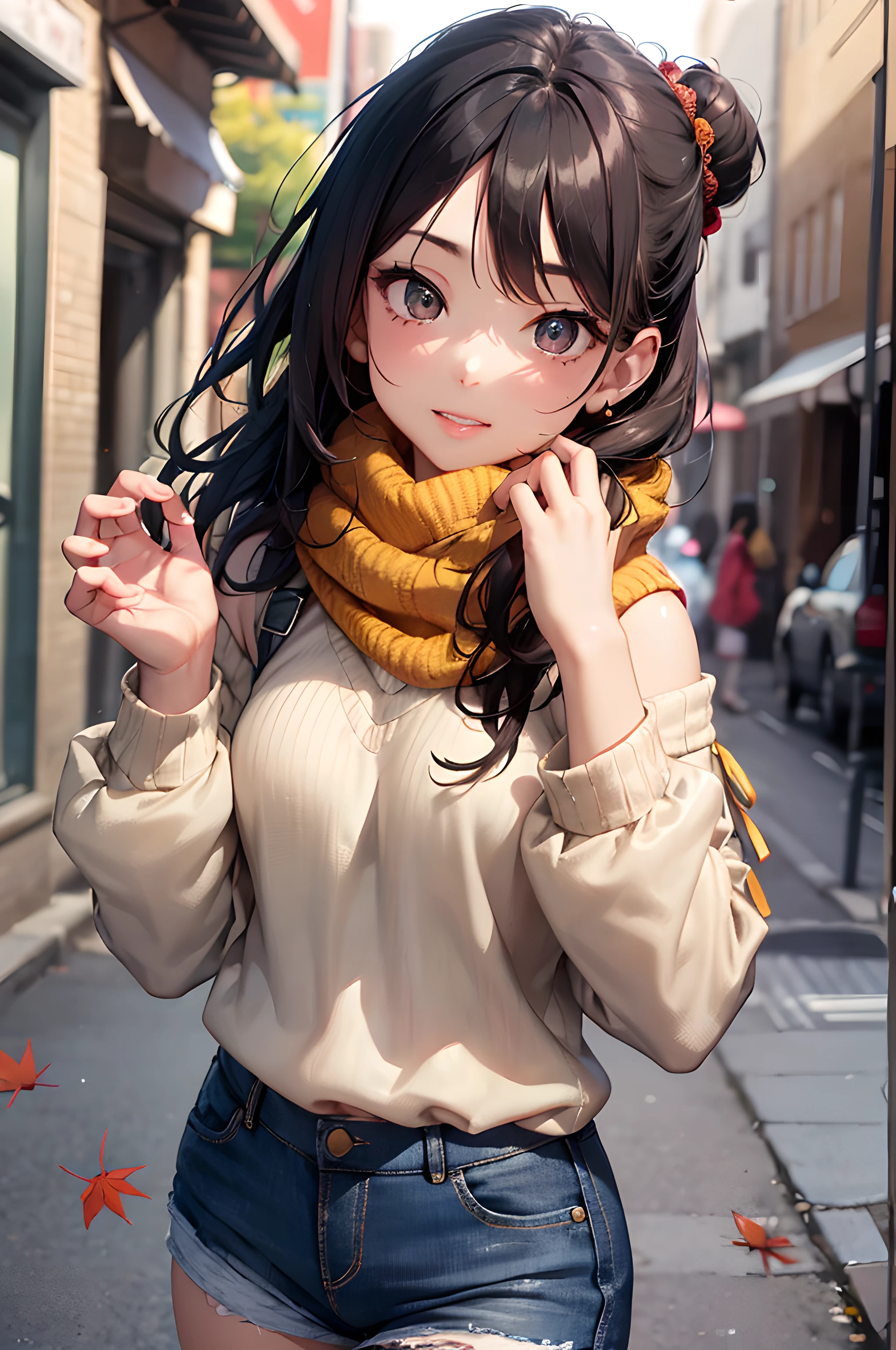 (masterpiece), (portrait), (aesthetic), (beautiful), (upper blody), (high quality), (aesthetic clothings), (professional angle), (rule of thirds), (Feminine), (woman), (female), (beautiful),(feminine features), (21 years), solo, 1 woman, (attractive Japanese), Autumn, (Falling Leaves), (Afternoon), (Soft light), ((Candid Poses)), (Camera in Hand Hands), ((Looking Sideways Face)), ((Playful)), (Natural Make-up), (Petite Bust), (Scarf), ((Shoulder Hair)), (Black Hair), (Wavy Hair), (Messy Bun hair), (- in Hair), (Partially Open Eyes), (Brown Eyes), (Casual Look), Fair skin, (- Clothing), (Sweater), (Denim Shorts), (Leggings ), (Scoop Neck Neckline), ((Sidewalk or Alley background)), (Fish eye, Close-up Shot Shot), beautiful hands, two hands, normal hands, two arms, complete hands, beautiful body, beautiful fingers, normal fingers, five fingers, five fingers, beautiful ears, normal ears, beautiful eyes, shiny eyes, beautiful mouth, beautiful lips,