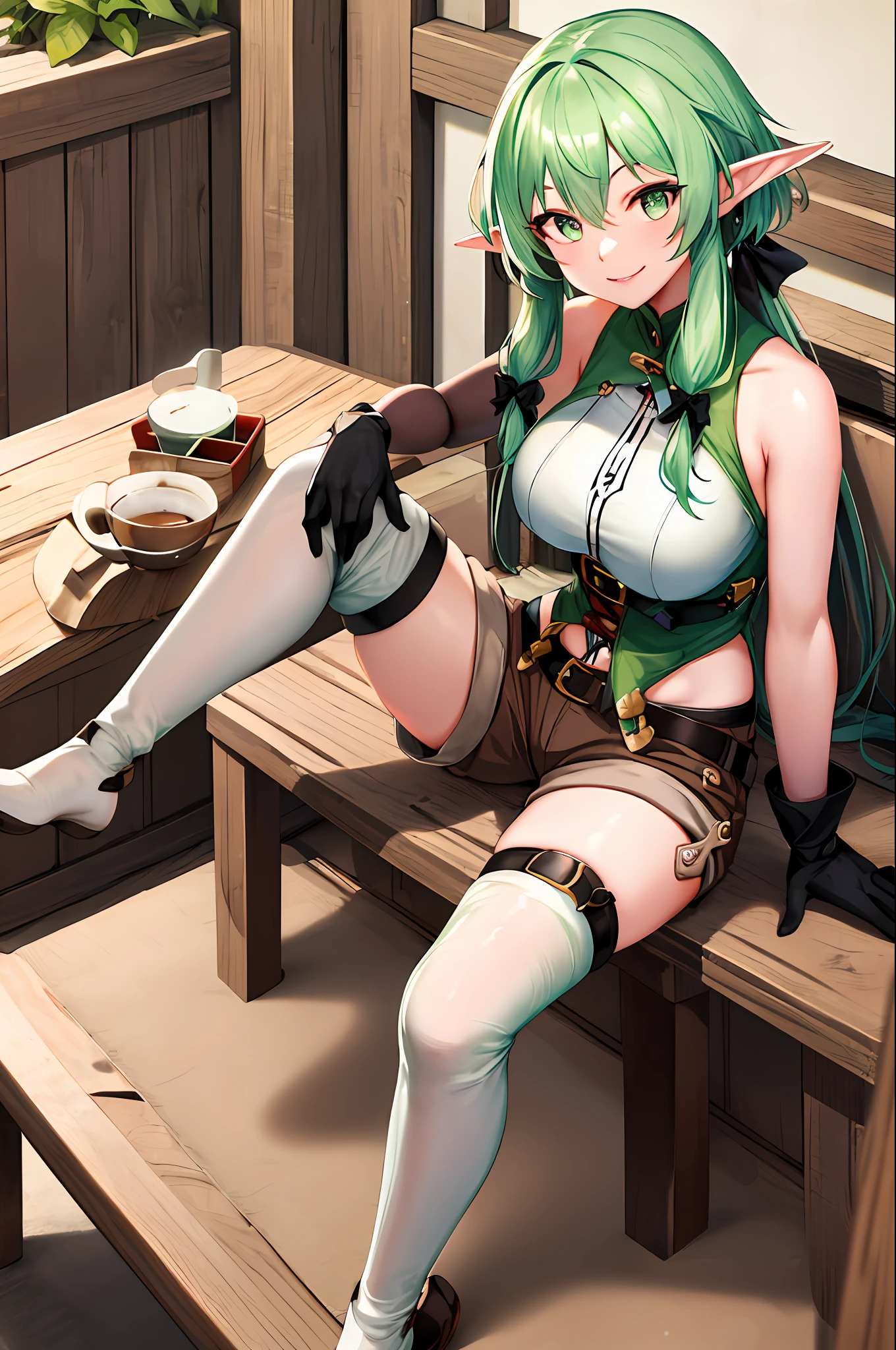 masterpiece, best quality, highres, 1girl, elf, pointy ears, green hair, long hair, sidelocks, hair bow, green eyes, big breasts, sleeveless, black gloves, brown shorts, green thighhighs, short shorts, belt, smile, sitting, cup, coffee, table,