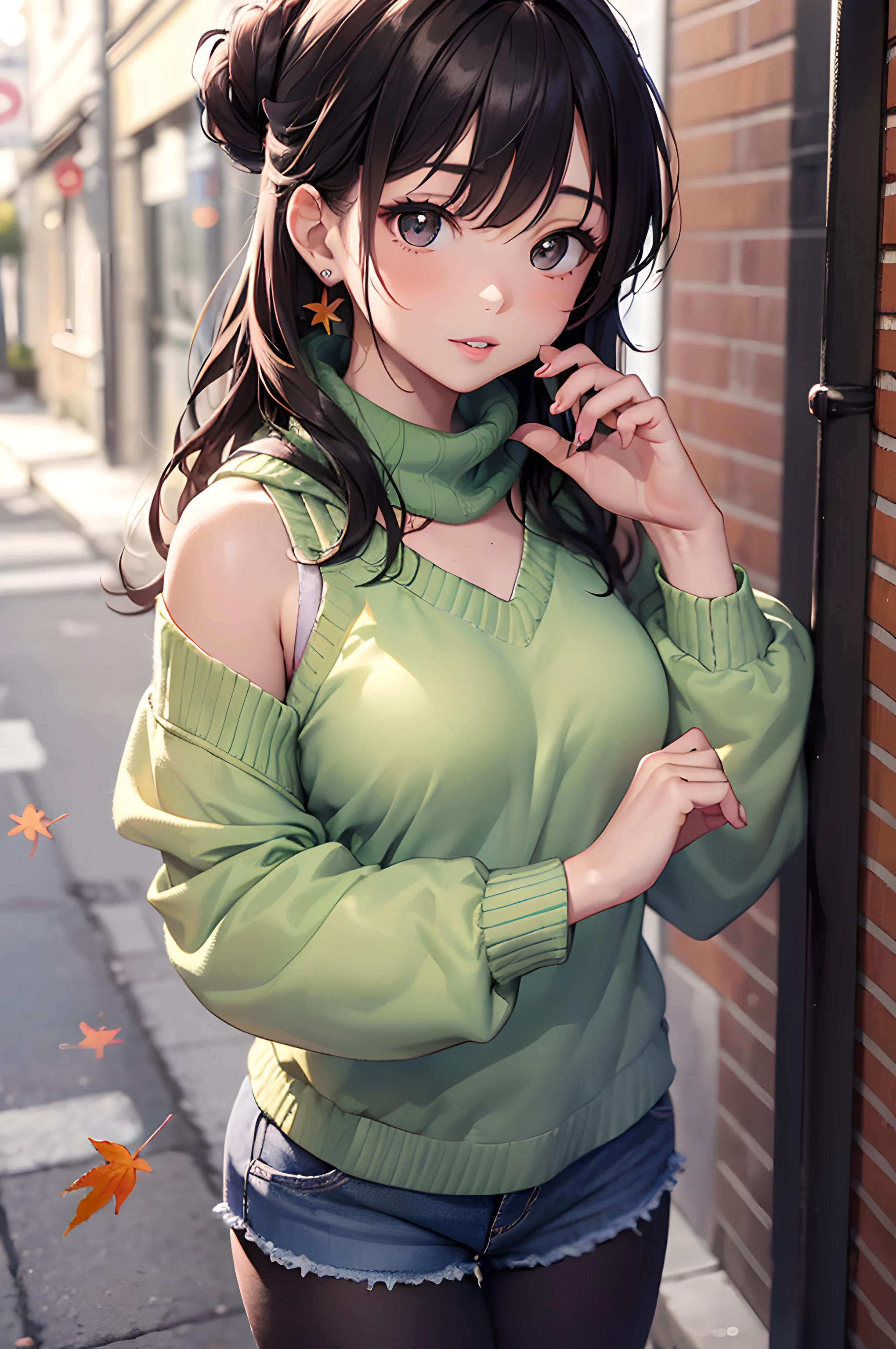 (masterpiece), (portrait), (aesthetic), (beautiful), (upper blody), (high quality), (aesthetic clothings), (professional angle), (rule of thirds), (Feminine), (woman), (female), (beautiful),(feminine features), (21 years), solo, 1 woman, (attractive Japanese), Autumn, (Falling Leaves), (Afternoon), (Soft light), ((Candid Poses)), (Camera in Hand Hands), ((Looking Sideways Face)), ((Playful)), (Natural Make-up), (Petite Bust), (Scarf), ((Shoulder Hair)), (Black Hair), (Wavy Hair), (Messy Bun hair), (- in Hair), (Partially Open Eyes), (Brown Eyes), (Casual Look), Fair skin, (- Clothing), (Sweater), (Denim Shorts), (Leggings ), (Scoop Neck Neckline), ((Sidewalk or Alley background)), (Fish eye, Close-up Shot Shot), beautiful hands, two hands, normal hands, two arms, complete hands, beautiful body, beautiful fingers, normal fingers, five fingers, five fingers, beautiful ears, normal ears, beautiful eyes, shiny eyes, beautiful mouth, beautiful lips,