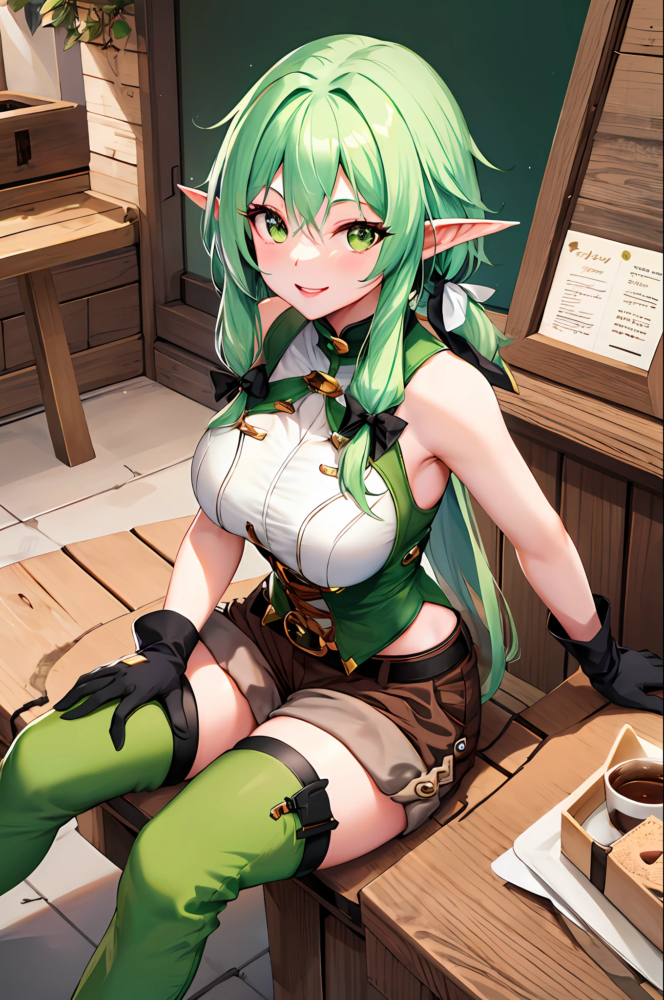 masterpiece, best quality, highres, 1girl, elf, pointy ears, green hair, long hair, sidelocks, hair bow, green eyes, big breasts, sleeveless, black gloves, brown shorts, green thighhighs, short shorts, belt, smile, sitting, cup, coffee, table,
