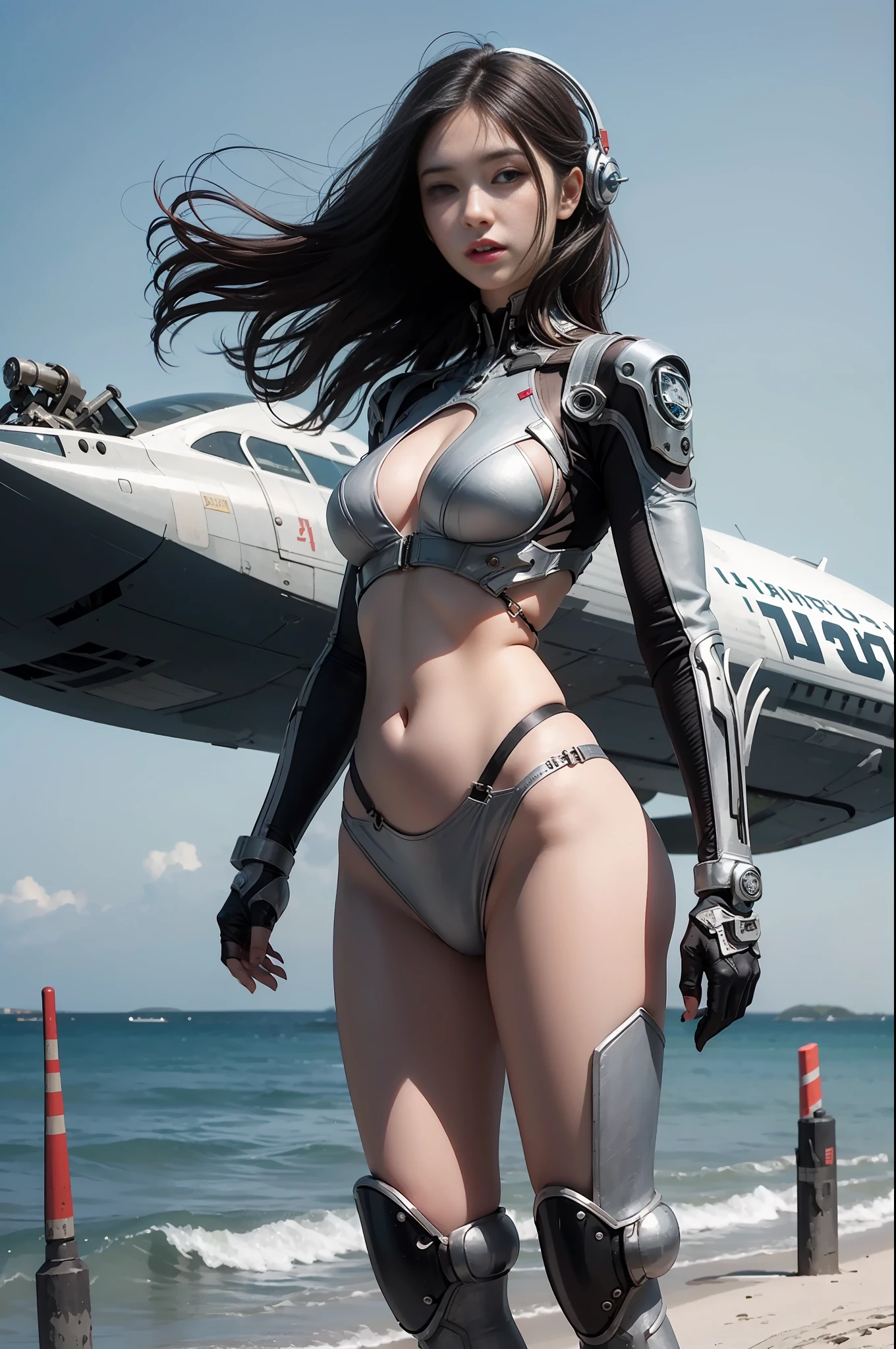 Best quality, delicate face, 25-year-old girl, slim body, body made of metal, small bust, metal structural skeleton, seaside, standing posture, beach, huge spaceship floating in the air, cyberpunk, sci-fi
