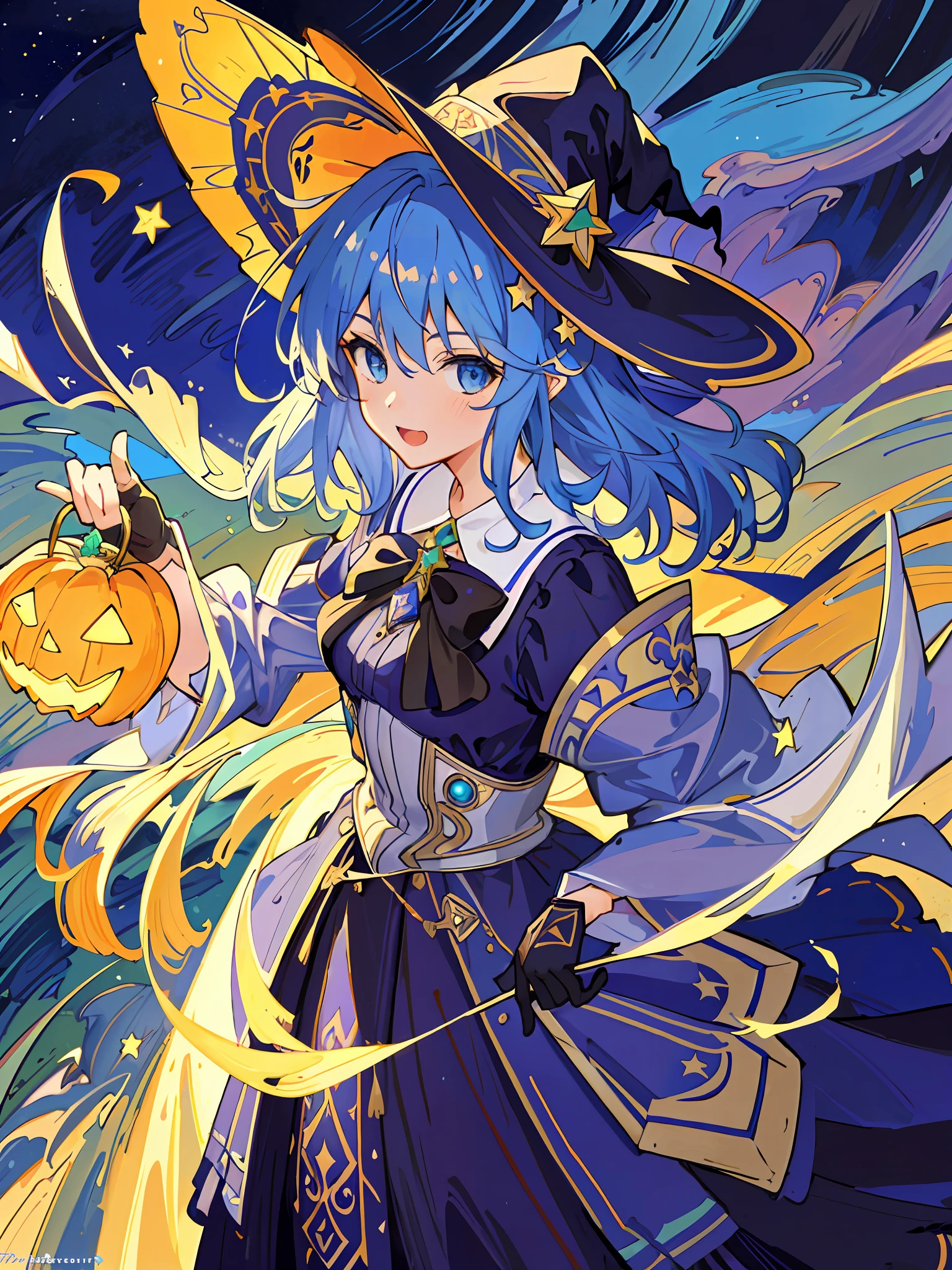 ((masterpiece:1.2, best quality)), 1girl, solo, (witch hat), a close up of a girl with curl hair, short hair, dress, aurora, night, star (sky), gloves, sky, dress, night sky, open mouth, starry sky, light blue eyes, ribbons, smile, cape, blue hair, magic, casting spell, night, (impressionism:1.4), alphonse mucha, Halloween colors, colorful candy