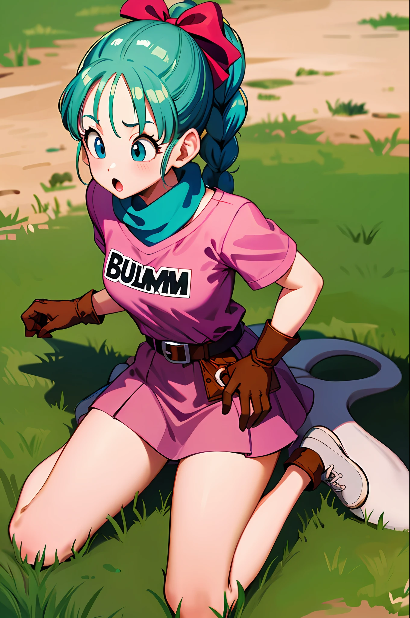masterpiece, best quality, highres, dragon ball, blmpony, aqua hair, hair ribbon, braided ponytail, pink shirt, belt, scarf, pink skirt, clothes writing, brown gloves, medium breasts, field, grass, wariza, :o,
