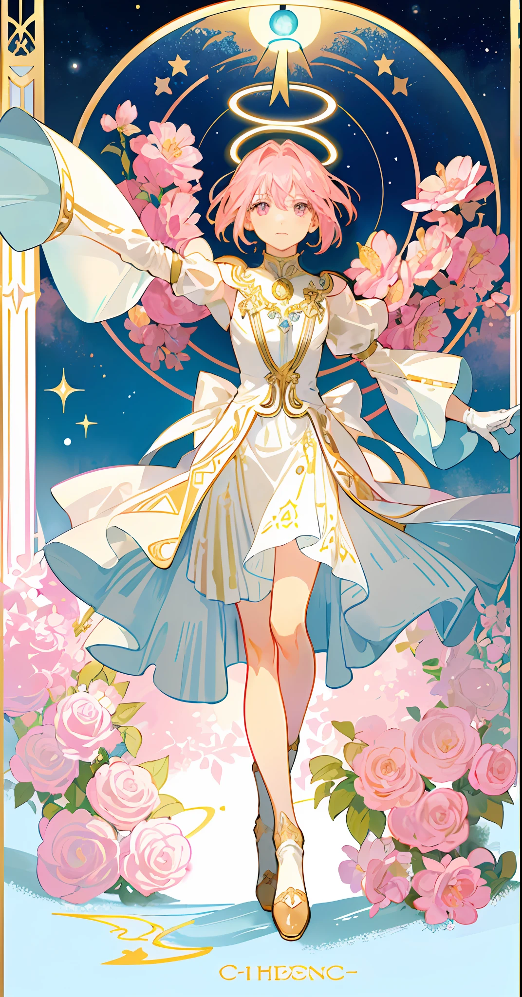((masterpiece,best quality)),(1girl, solo:1.4),beautiful detailed eyes, vivid, cinematic light, full_body, pink_flowers, (tarot_card), intricate, detailed background, looking_at_viewer, Madoka Kaname, hands reaching out, (flat chest), (walking), casual pose, posing, (white_gloves), (pink_eyes), white feathers, sparkles, glitter, celestial, outerspace, by alphonse mucha, (gold frame), halo, (tarot border)