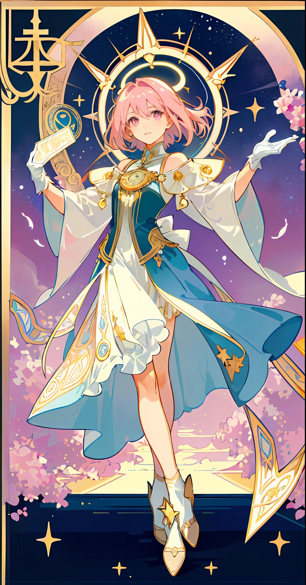 ((masterpiece,best quality)),(1girl, solo:1.4),beautiful detailed eyes, vivid, cinematic light, full_body, pink_flowers, (tarot_card), intricate, detailed background, looking_at_viewer, Madoka Kaname, hands reaching out, (flat chest), (walking), casual pose, posing, (white_gloves), (pink_eyes), white feathers, sparkles, glitter, celestial, outerspace, by alphonse mucha, (gold frame), halo, (tarot border)