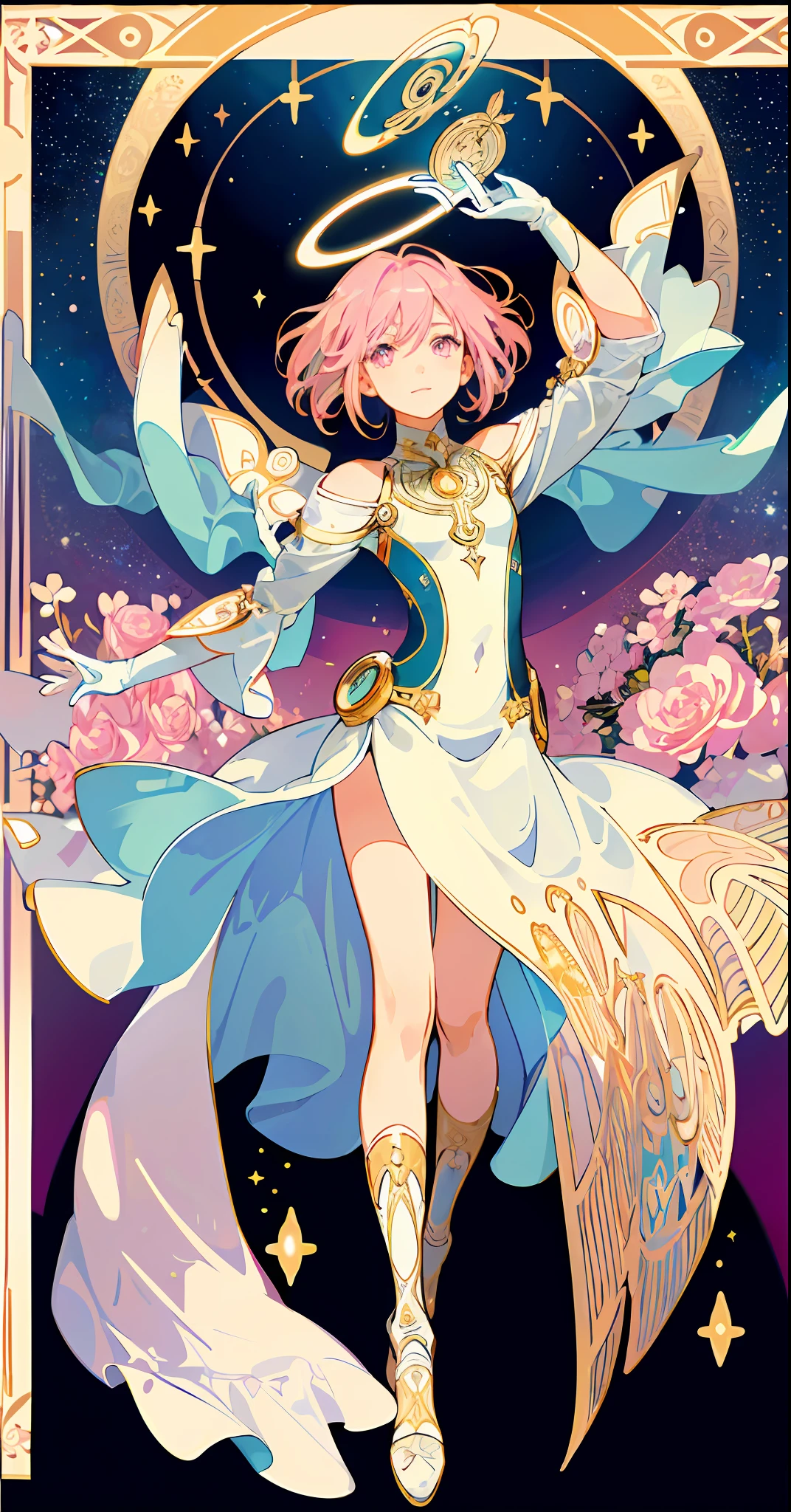 ((masterpiece,best quality)),(1girl, solo:1.4),beautiful detailed eyes, vivid, cinematic light, full_body, pink_flowers, (tarot_card), intricate, detailed background, looking_at_viewer, Madoka Kaname, hands reaching out, (flat chest), (walking), casual pose, posing, (white_gloves), (pink_eyes), white feathers, sparkles, glitter, celestial, outerspace, by alphonse mucha, (gold frame), halo, (tarot border)