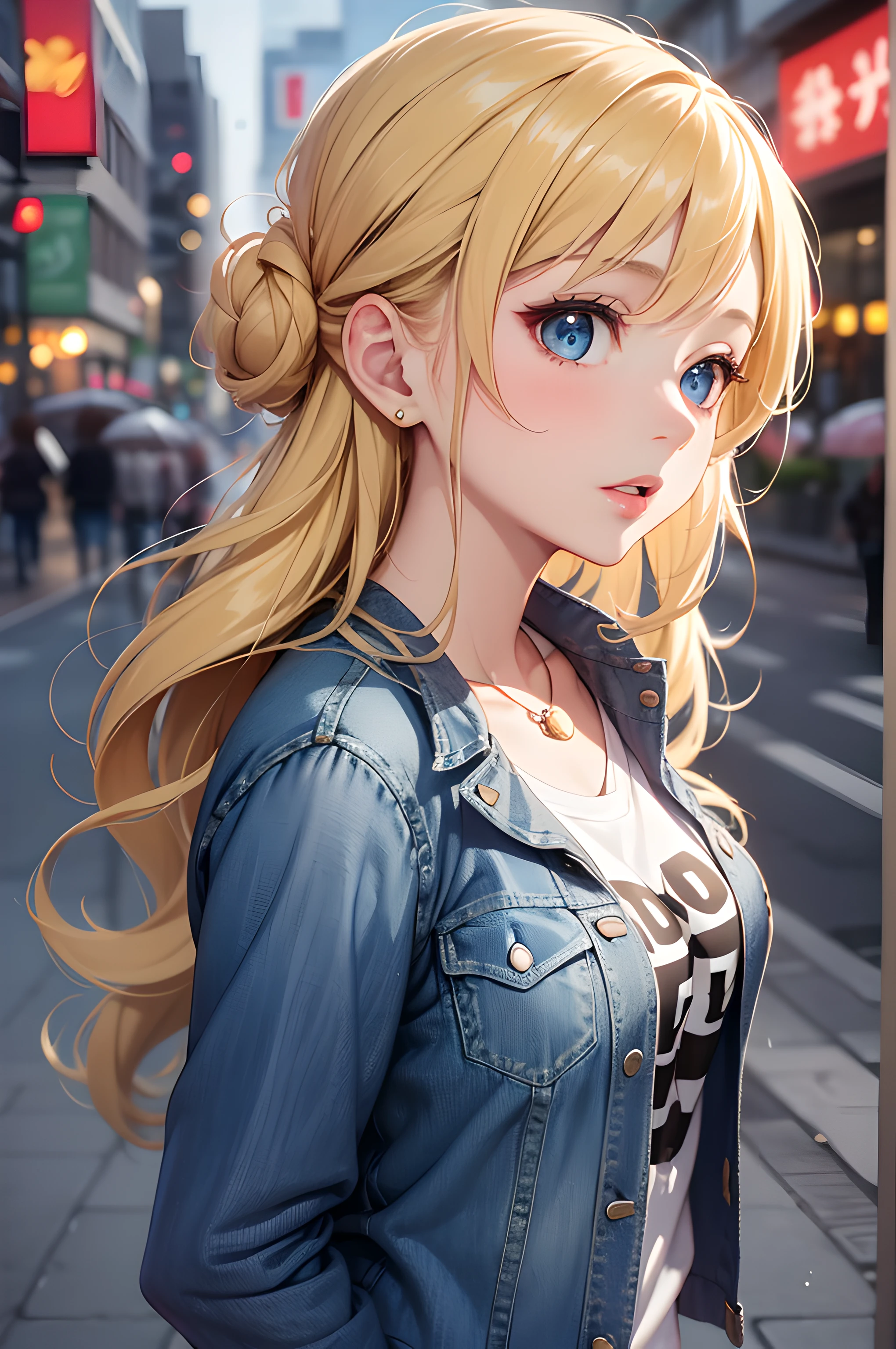 (masterpiece), (portrait), (aesthetic), (beautiful), (upper blody), (high quality), (aesthetic clothings), (professional angle), (rule of thirds), (Feminine), (woman), (female), (beautiful),(feminine features), (21 years), solo, 1 woman, (attractive British), Spring, (Light Rain), (Morning), (Soft light), ((Urban Explorer)), (Camera Strap Around Neck Hands), ((Looking Down Face)), ((Curious)), (Neutral Make-up), (Ample Bust), (Beanie), ((Long Hair)), (Blonde Hair), (Curly Hair), (Half-Updo hair), (- in Hair), (Softly Closed Eyes), (Blue Eyes), (Relaxed Look), Fair skin, (- Clothing), (Denim Jacket), (Graphic T-Shirt), (Boyfriend Jeans ), (Crew Neck Neckline), ((City Park or Square background)), (Fish eye, Wide Shot Shot), beautiful hands, two hands, normal hands, two arms, complete hands, beautiful body, beautiful fingers, normal fingers, five fingers, five fingers, beautiful ears, normal ears, beautiful eyes, shiny eyes, beautiful mouth, beautiful lips,