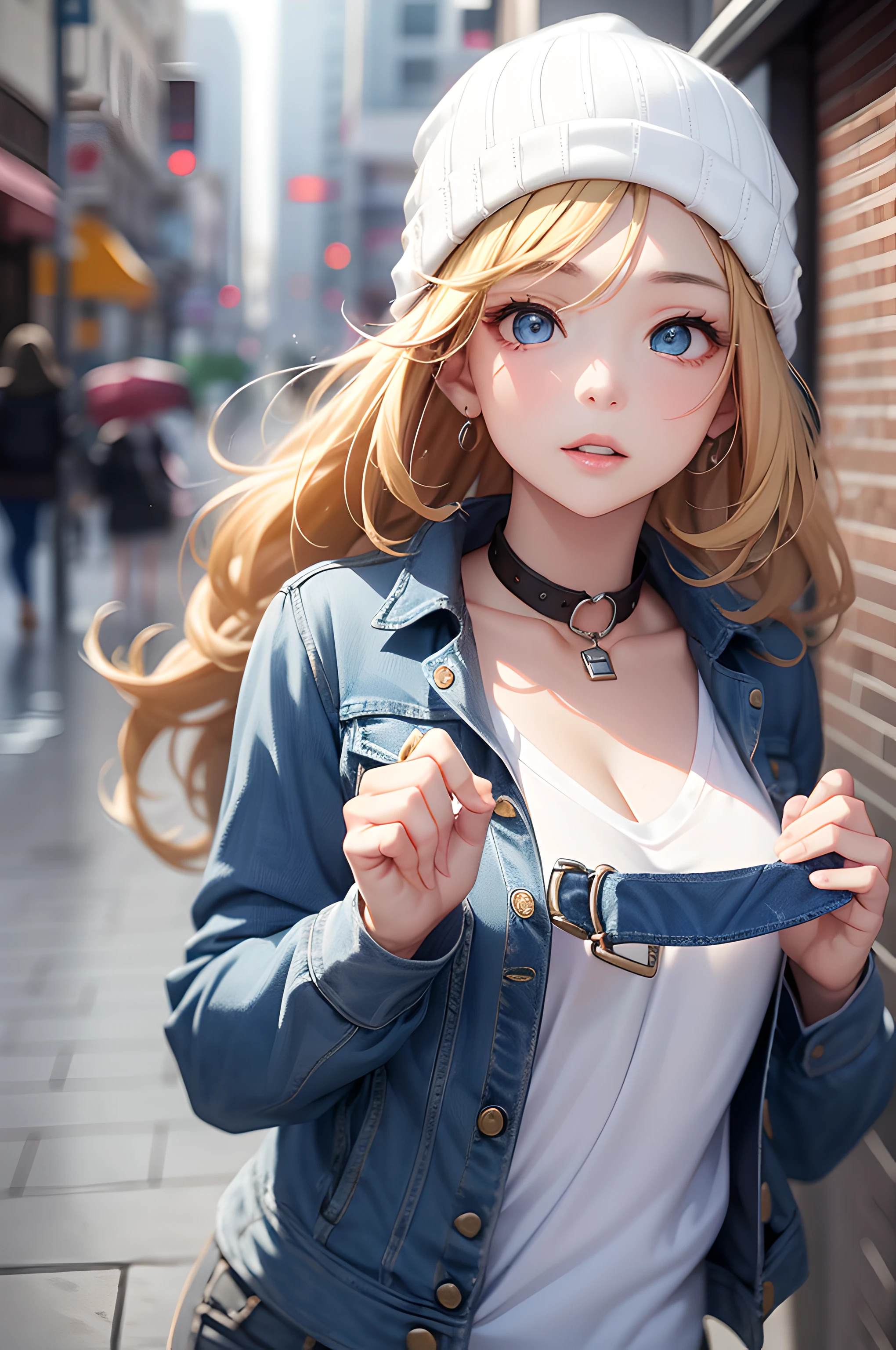 (masterpiece), (portrait), (aesthetic), (beautiful), (upper blody), (high quality), (aesthetic clothings), (professional angle), (rule of thirds), (Feminine), (woman), (female), (beautiful),(feminine features), (21 years), solo, 1 woman, (attractive British), Spring, (Light Rain), (Morning), (Soft light), ((Urban Explorer)), (Camera Strap Around Neck Hands), ((Looking Down Face)), ((Curious)), (Neutral Make-up), (Ample Bust), (Beanie), ((Long Hair)), (Blonde Hair), (Curly Hair), (Half-Updo hair), (- in Hair), (Softly Closed Eyes), (Blue Eyes), (Relaxed Look), Fair skin, (- Clothing), (Denim Jacket), (Graphic T-Shirt), (Boyfriend Jeans ), (Crew Neck Neckline), ((City Park or Square background)), (Fish eye, Wide Shot Shot), beautiful hands, two hands, normal hands, two arms, complete hands, beautiful body, beautiful fingers, normal fingers, five fingers, five fingers, beautiful ears, normal ears, beautiful eyes, shiny eyes, beautiful mouth, beautiful lips,