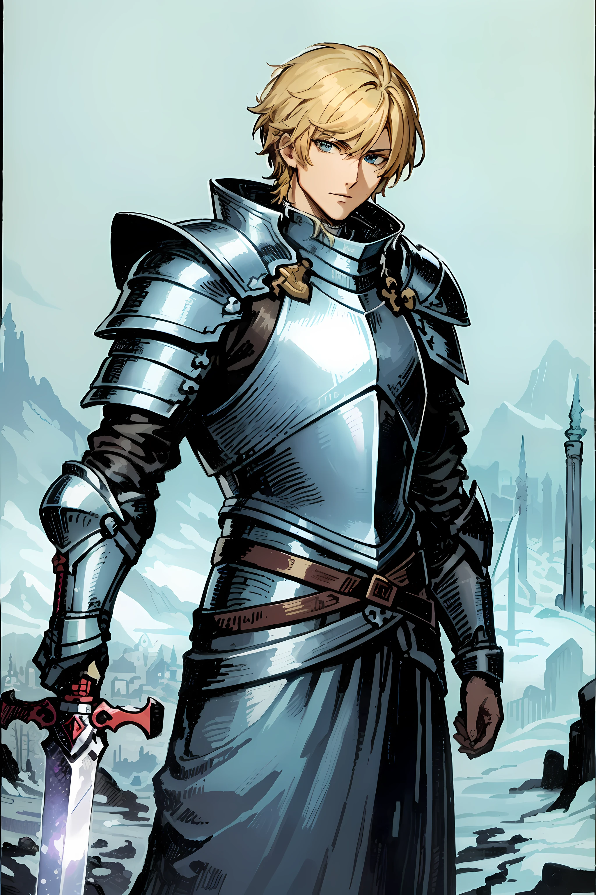 masterpiece, handsome man, blonde hair, armor, knight, blue eyes, ice sword, ice prince, beautiful background, secret concept tarot card history card mystery, tarot card, best quality