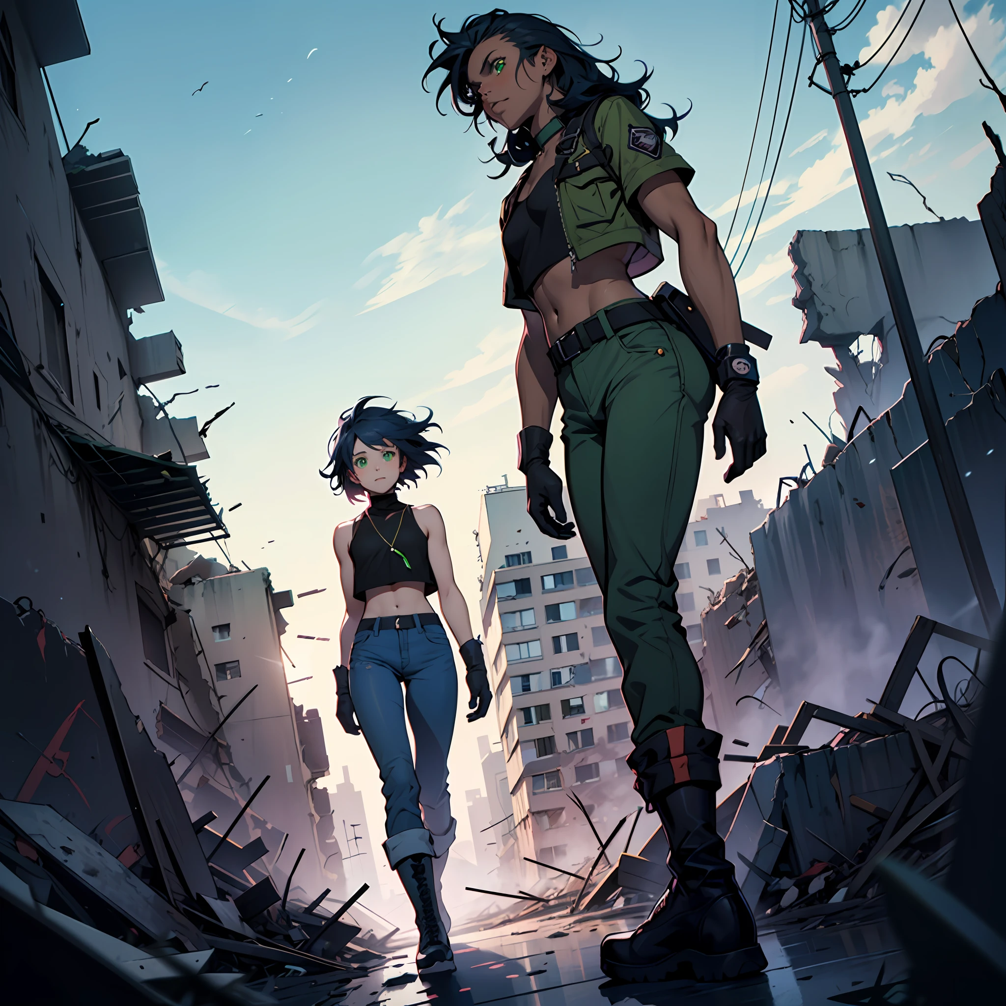 (1girl), A girl, small chest, dark blue hair, long disheveled hair, brown skin, green eyes, blue pants, high black boots, black croptop, high black gloves, young, apocalyptic background, Ruins, destroyed city, night, anime, 2d, cartoon, comic --maturemalemix