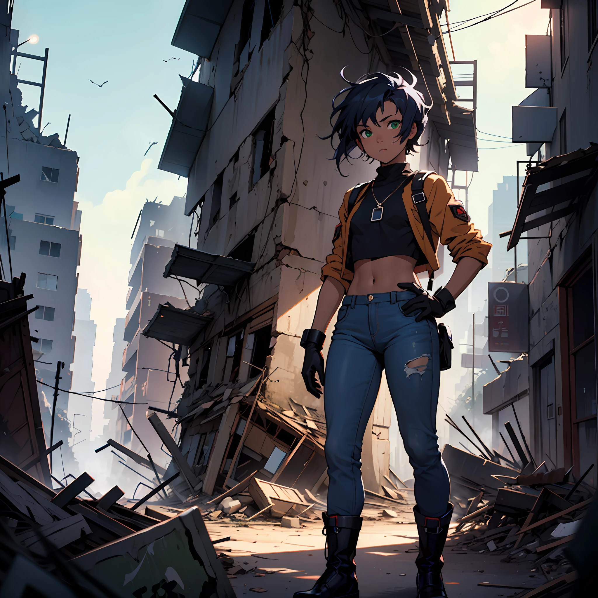 (1girl), A girl, small chest, dark blue hair, long disheveled hair, brown skin, green eyes, blue pants, high black boots, black croptop, high black gloves, young, apocalyptic background, Ruins, destroyed city, night, anime, 2d, cartoon, comic --maturemalemix