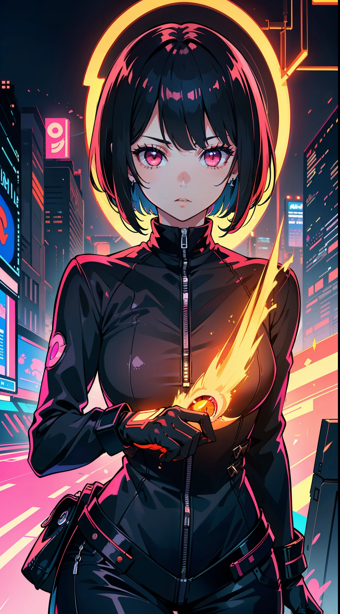 (masterpiece, best quality), ((1girl, (mature)), (black hair, short hair, hair with bangs, hair with orange stirs, beautiful hair), (pink eyes, beautiful eyes, eye highlights, sharp eyes)), (ballad background, neon lights background, inside a ballad), (highres, chromatic freak), cyberpunk outfit
