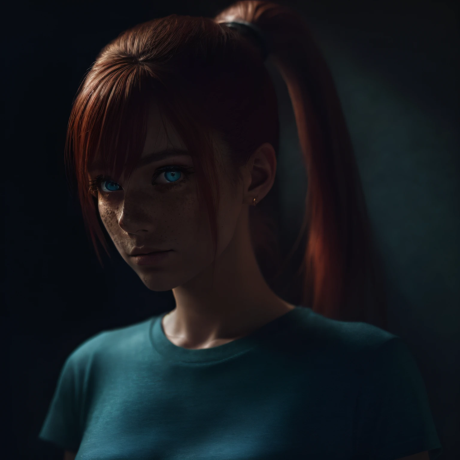 (8k, RAW photo, highest quality),(epic realistic:1.7), a girl, dynamic posture,erotic face,shirt,(detailed eyes:1.2),(looking at the camera:1.4), (highest quality), (best shadow),intricate details,cinematic,((skin:1.4)),interior, (long ponytail ginger hair:1.3),dark studio,(hdr:1.5),detailed, muted colors, freckles, (tight t-shirt:1.2)