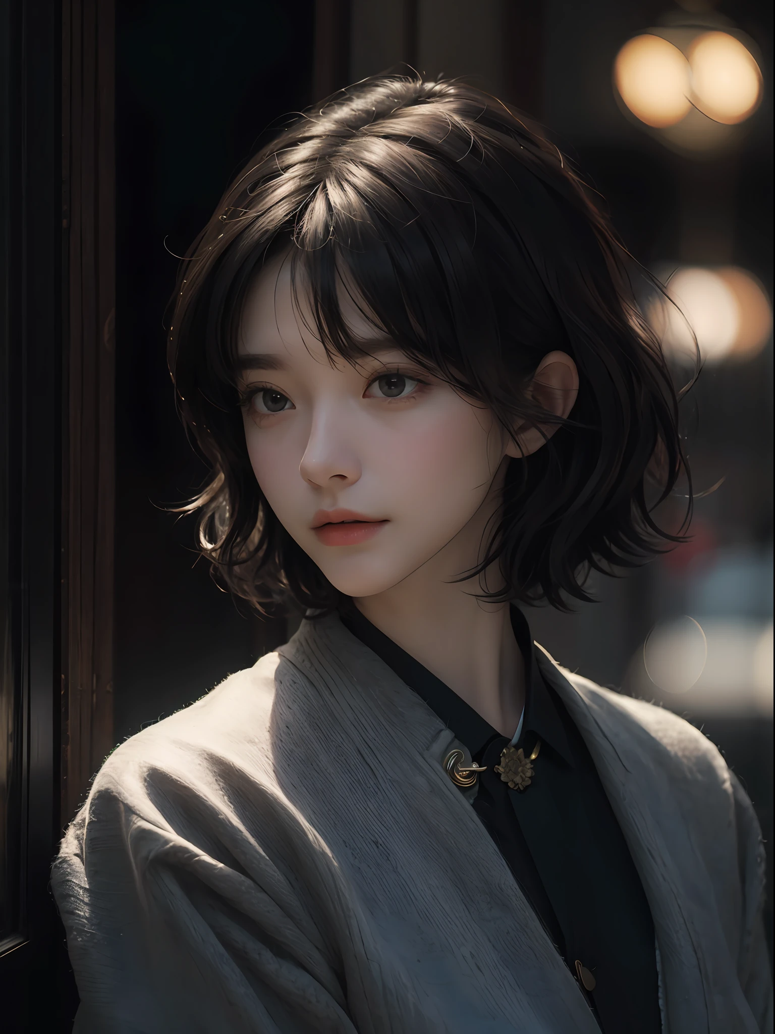 (RAW photos, top quality), (realistic, photorealistic: 1.3), highest quality, high definition, masterpiece, super detail, illustration, 1girl, upper_body, dynamic angle, world masterpiece theater, messy_long_hair, top quality, highly detailed CG Unity 8k wallpaper, ink, stunning, cinematic lighting, lens_flare, dunhuang_ style, ((short hair))