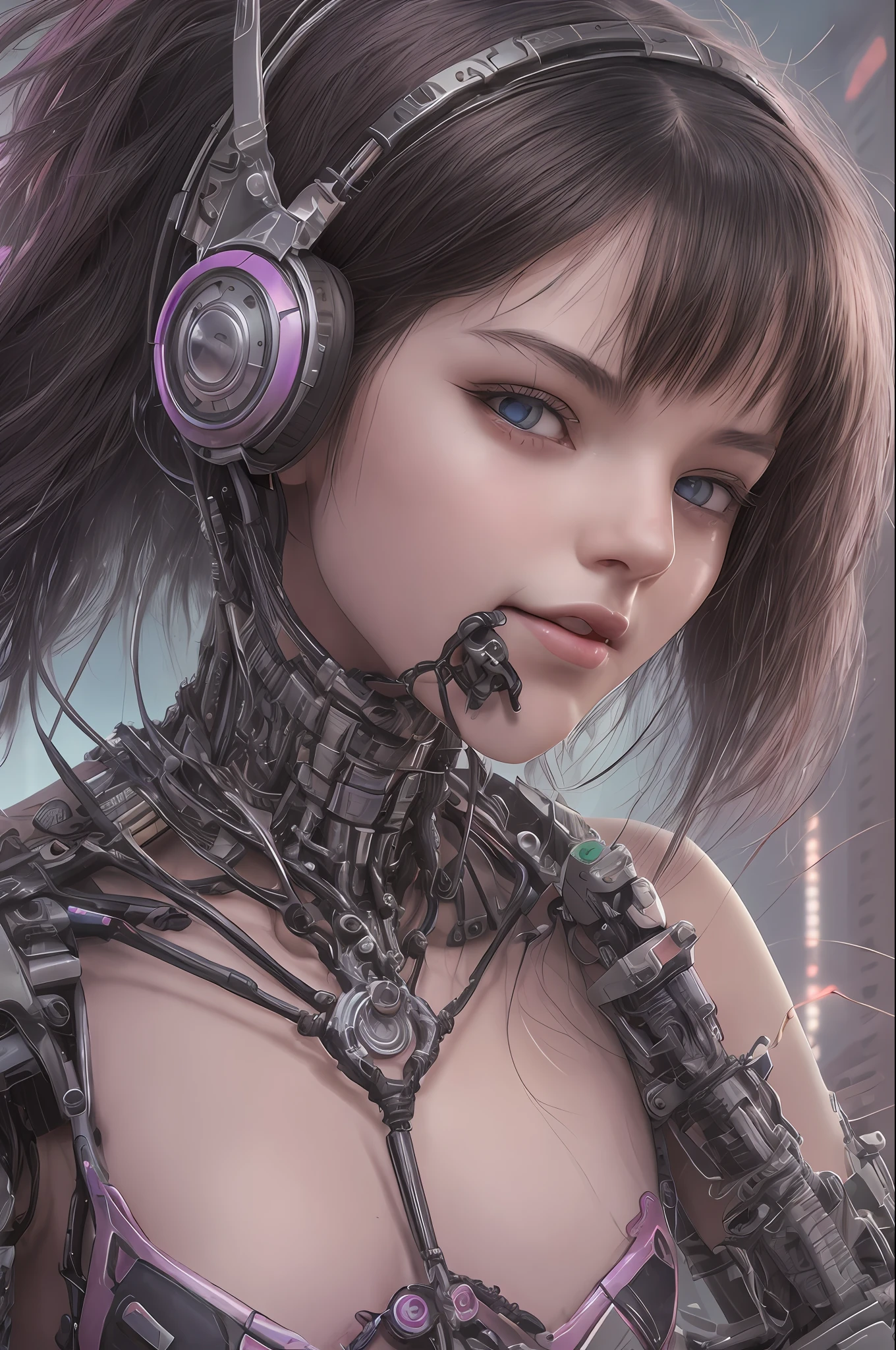 Top Quality, Masterpiece, Ultra High Resolution, (Photorealistic: 1.4), Raw Photo, 1 Girl, Black Hair, Glossy Skin, 1 Mechanical Girl, (Ultra Realistic Details)), Sidmead-inspired Mecha Design, Portrait, Global Illumination, Shadows, Octane Rendering, 8K, Ultra Sharp, Big, Cleavage Exposed Raw Skin, Metal, Intricate ornament details, headset, hydraulic cylinder, very intricate details, realistic light, CGSoation trend, purple eyes, glowing eyes, facing the camera, neon details, mechanical limbs, blood vessels connected to tubes, mechanical vertebrae attached to the back, mechanical cervical attachment to the neck, sitting, wires and cables connecting to the head, Evangelion, cyberpunk, small LED lamps,