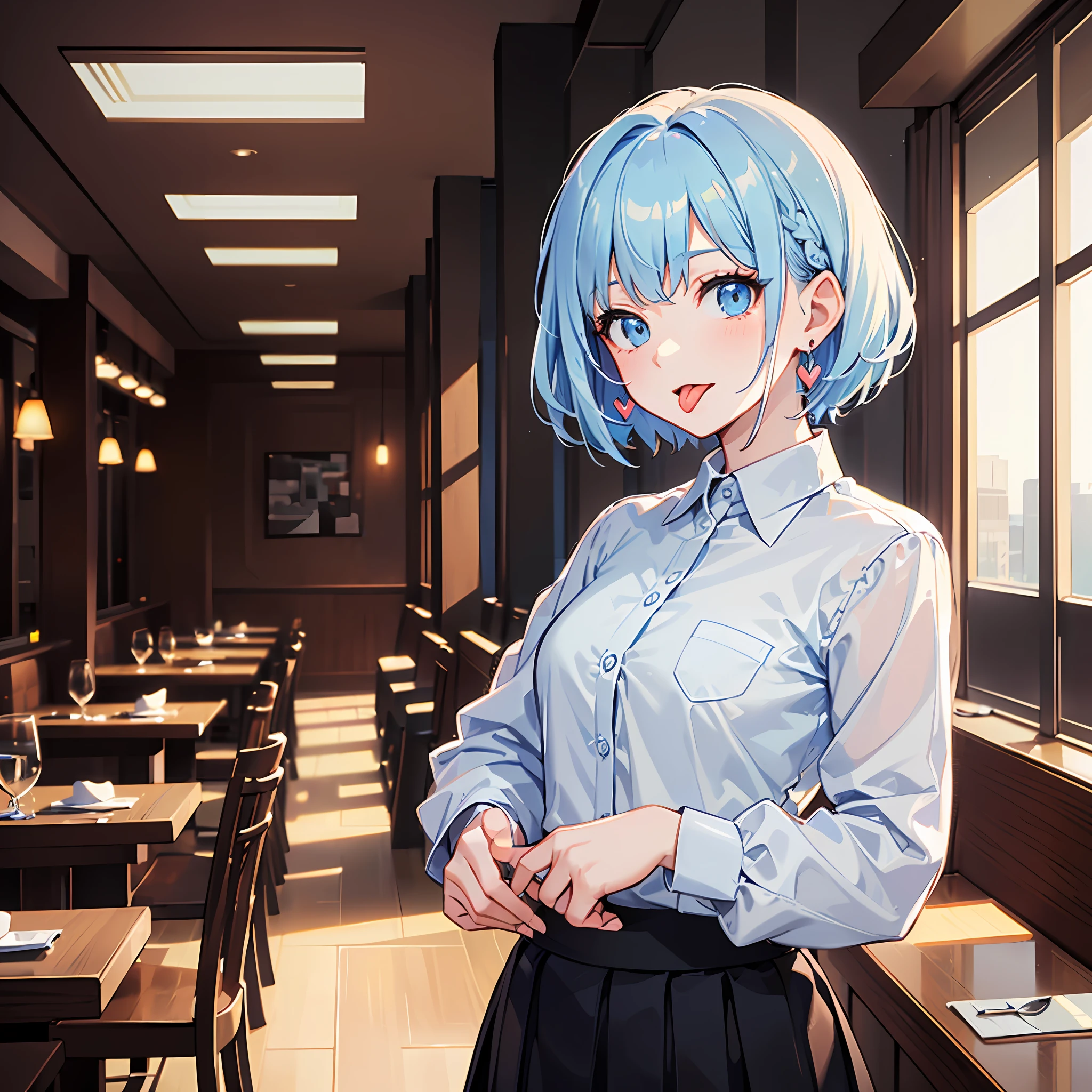 (((Masterpiece)))), ((Best Quality))), Hi-Res, Upper Body, Slouch, (Cute One Girl))), Solo, White Skin, Small, Eight-headed, (Light Blue Hair), ((Short Hair)), (Straight Bangs)), Beautiful Hair, Blue Eyes, Beautiful Eyes in Detail, (((Tongue)), Red Face, Heart, Business Suit, Skirt, Earrings, Indoor, Restaurant, (Noon), Shadow Lighting,