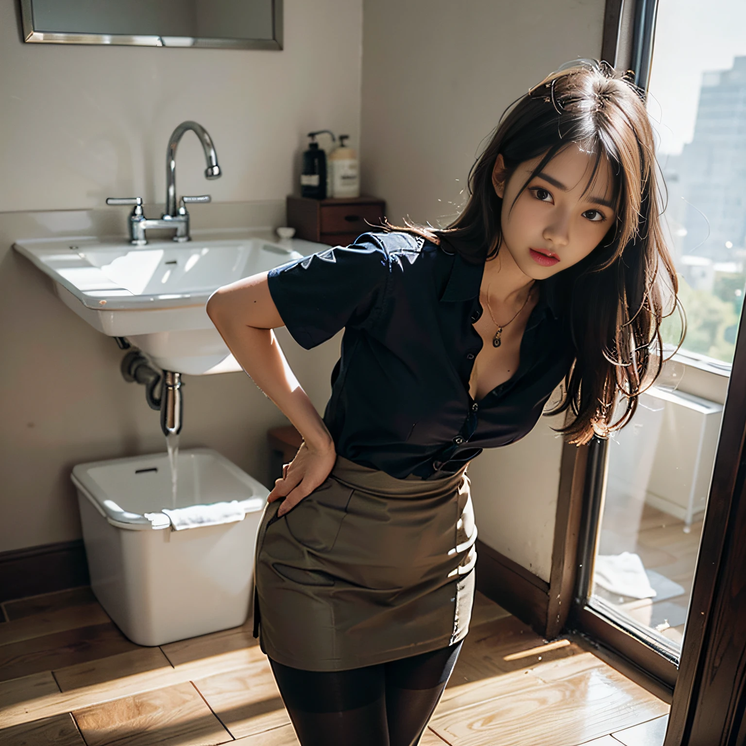 (Night, Soft Lighting, 8k, RAW Photography, Best Quality, Masterpiece, : 1.2), (Realistic, Photorealistic: 1.37), (1 Girl, Solo: 1.3), Japan Girls, Office Lady, Office Lady, Office Lady, Dark Brown Hair, (((disheveled Hair, Unkempt Hair: 1.5)), Labor, Hard Work, Social Labor, Overwork, Exhaustion, Bathroom, From Underneath, ((Not wearing a skirt, Trying to take off the shirt, hands on the shirt, underwear lower body, wearing only pantyhose: 1.3)), tired look, dressing room, (washbasin, night, indirect lighting: 1.3), small bust, cleavage, (OL, collared shirt, pantyhose: 1.5), (sloppy clothes, skirt taken off on the floor, disheveled clothing: 1.5), sloppy posture, (undressed clothes are messy, Garbage bags, undressed clothes, washbasin with messy things, underwear lying on the floor, undressing, sink: 1.5), makeup, ultra-high resolution, physically based rendering, dynamic angle