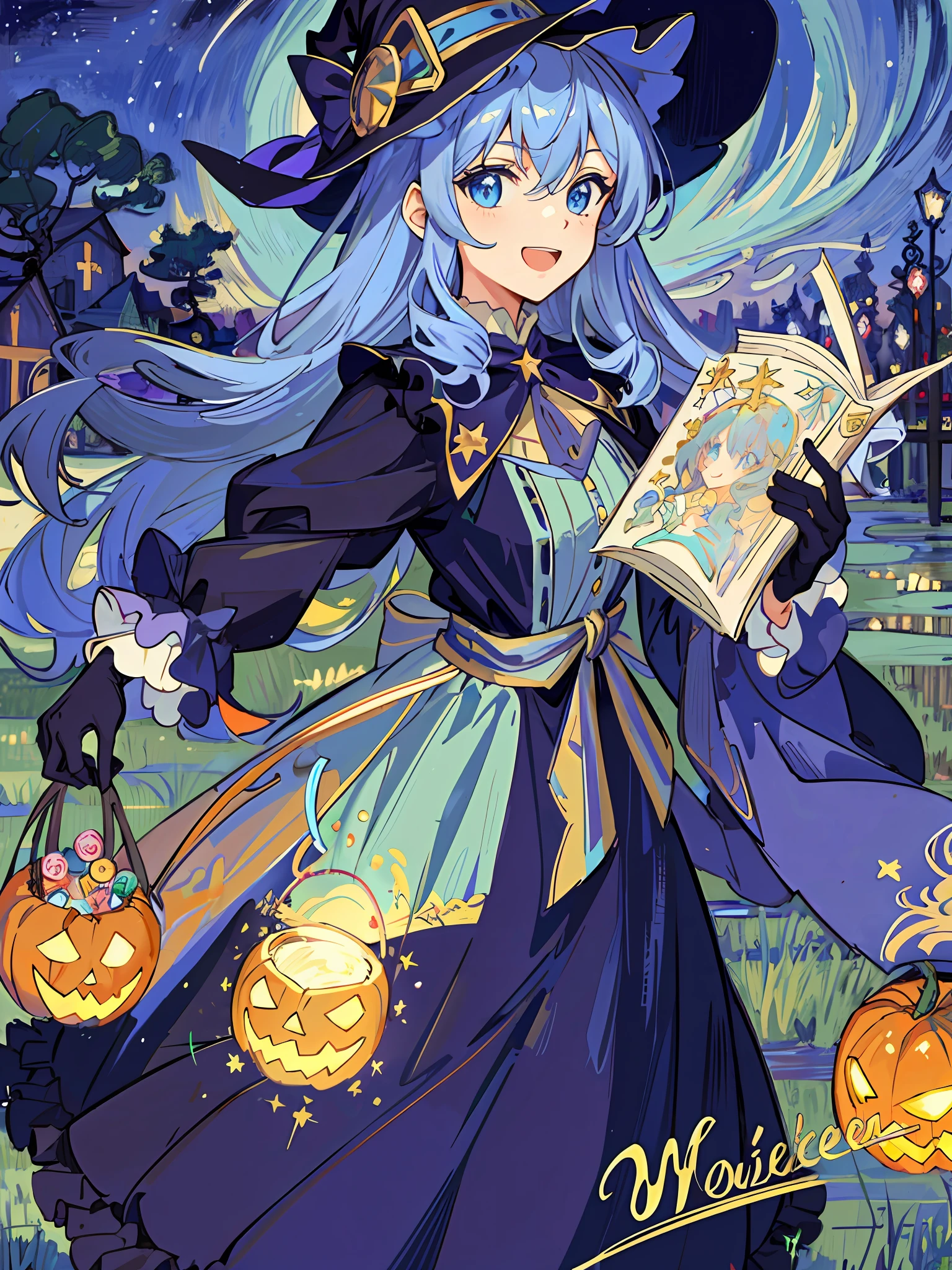 ((masterpiece:1.2, best quality)), 1girl, solo, (witch hat), a close up of a girl with curly hair, dress, aurora, night, star (sky), gloves, sky, dress, night sky, open mouth, starry sky, light blue eyes, ribbons, smile, cape, blue hair, magic, casting spell, night, (impressionism:1.4), alphonse mucha, Halloween colors, colorful candy