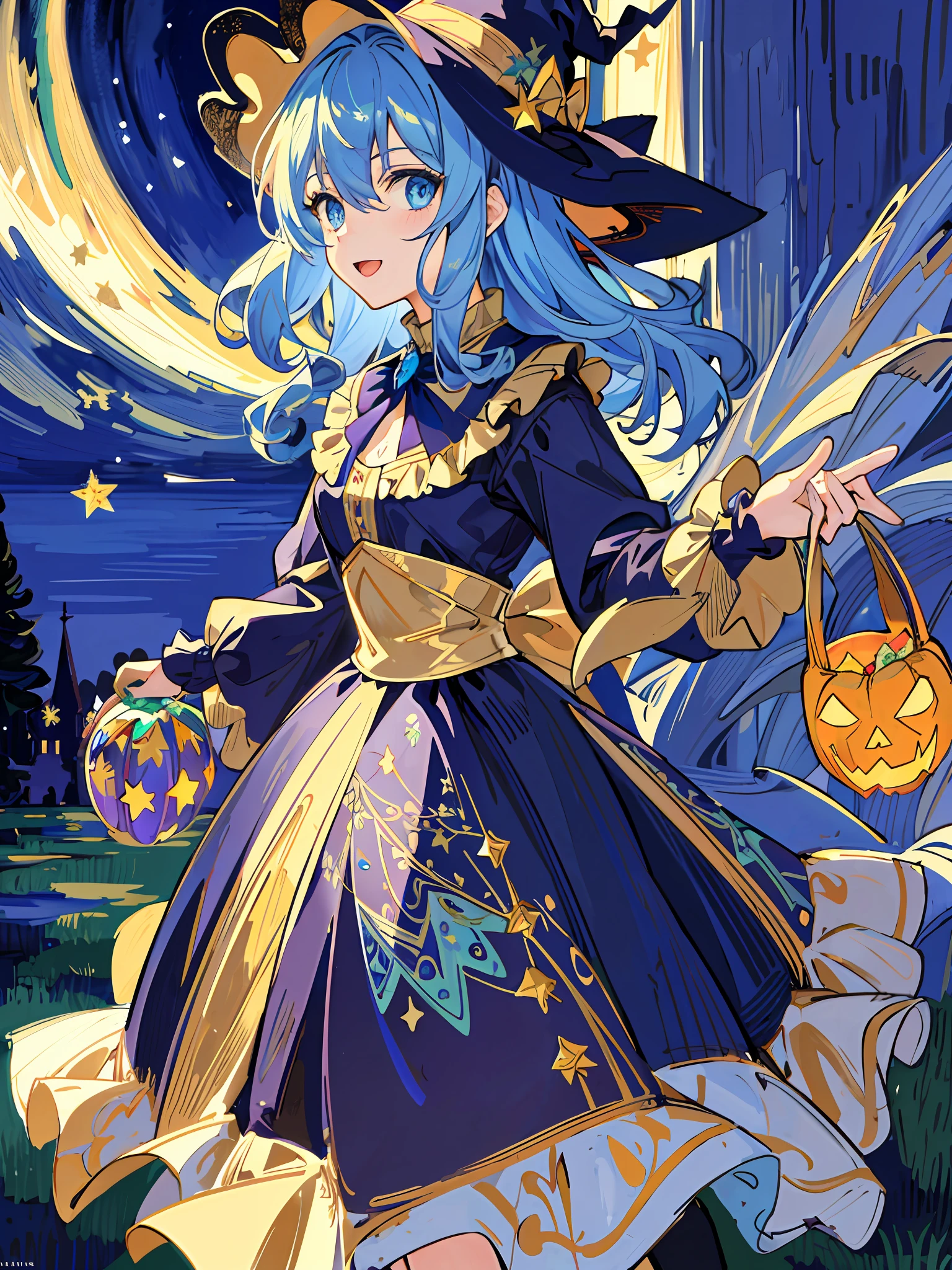 ((masterpiece:1.2, best quality)), 1girl, solo, (witch hat), a close up of a girl with curly hair, dress, aurora, night, star (sky), gloves, sky, dress, night sky, open mouth, starry sky, light blue eyes, ribbons, smile, cape, blue hair, magic, casting spell, night, (impressionism:1.4), alphonse mucha, Halloween colors, colorful candy