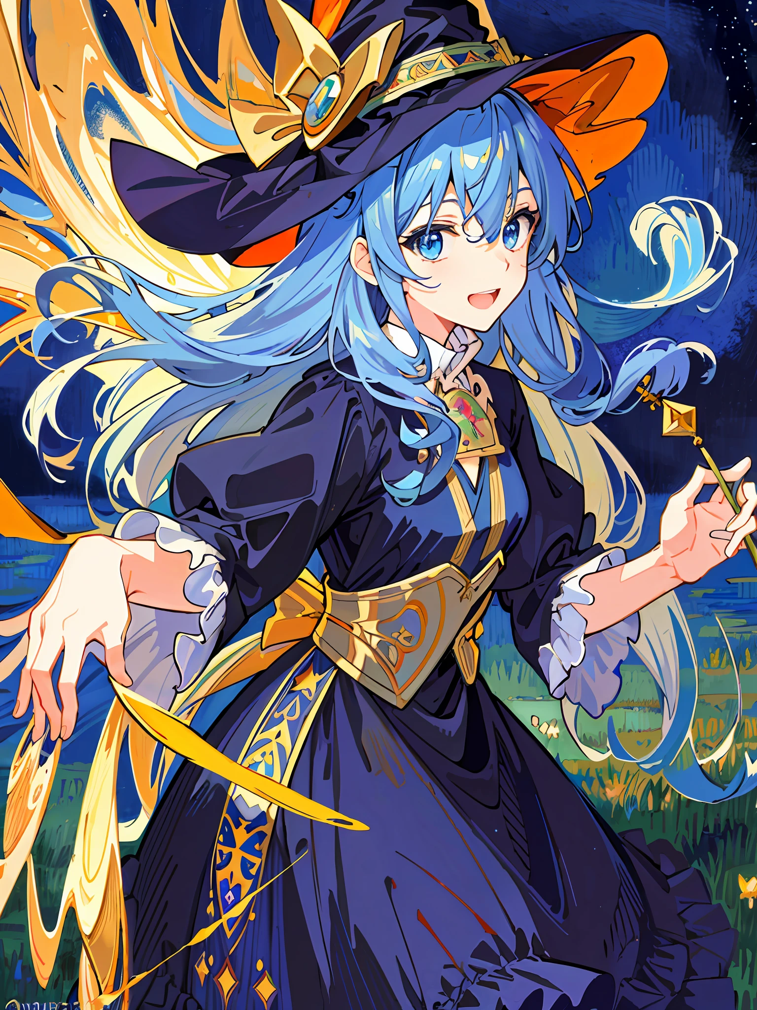 ((masterpiece:1.2, best quality)), 1girl, solo, (witch hat), a close up of a girl with curly hair, dress, aurora, night, star (sky), gloves, sky, dress, night sky, open mouth, starry sky, light blue eyes, ribbons, smile, cape, blue hair, magic, casting spell, night, (impressionism:1.4), alphonse mucha, Halloween colors, colorful candy