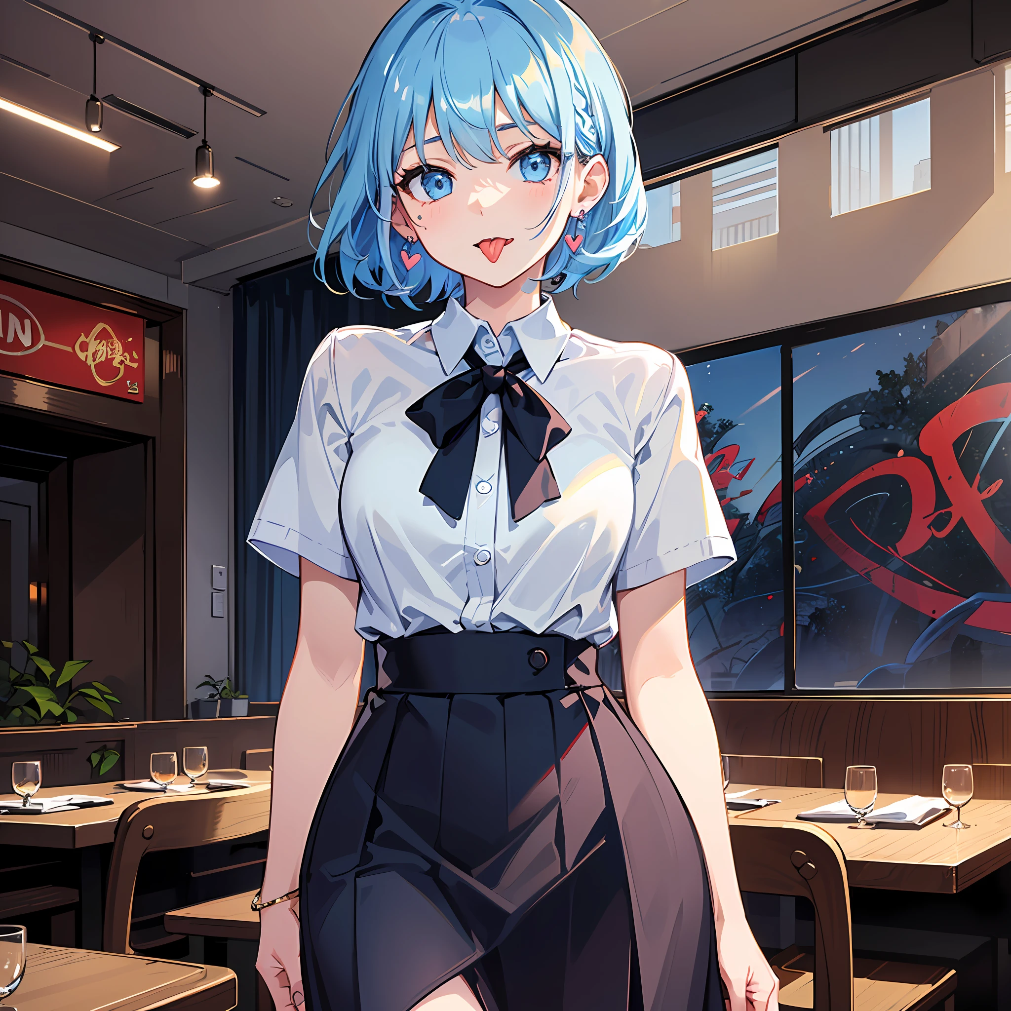 (((Masterpiece)))), ((Best Quality))), Hi-Res, Upper Body, Slouch, (Cute One Girl))), Solo, White Skin, Small, Eight-headed, (Light Blue Hair), ((Short Hair)), (Straight Bangs)), Beautiful Hair, Blue Eyes, Beautiful Eyes in Detail, (((Tongue)), Red Face, Heart, Business Suit, Skirt, Earrings, Indoor, Restaurant, (Noon), Shadow Lighting,