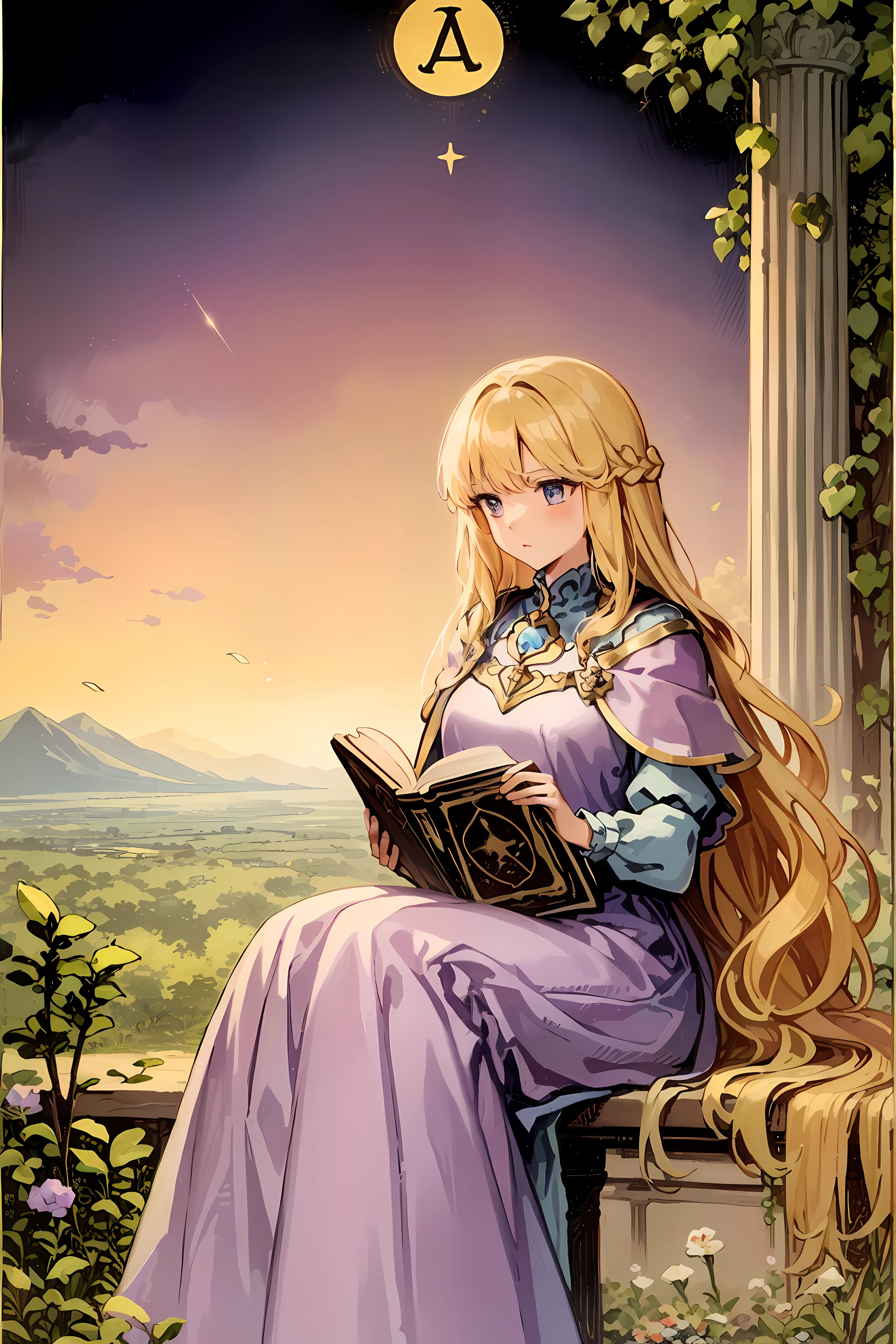 masterpiece, beautiful woman, long hair, blonde hair, purple dress, princess, holding a book, tenderness, beautiful background, secret concept tarot card history card mystery, tarot card, best quality