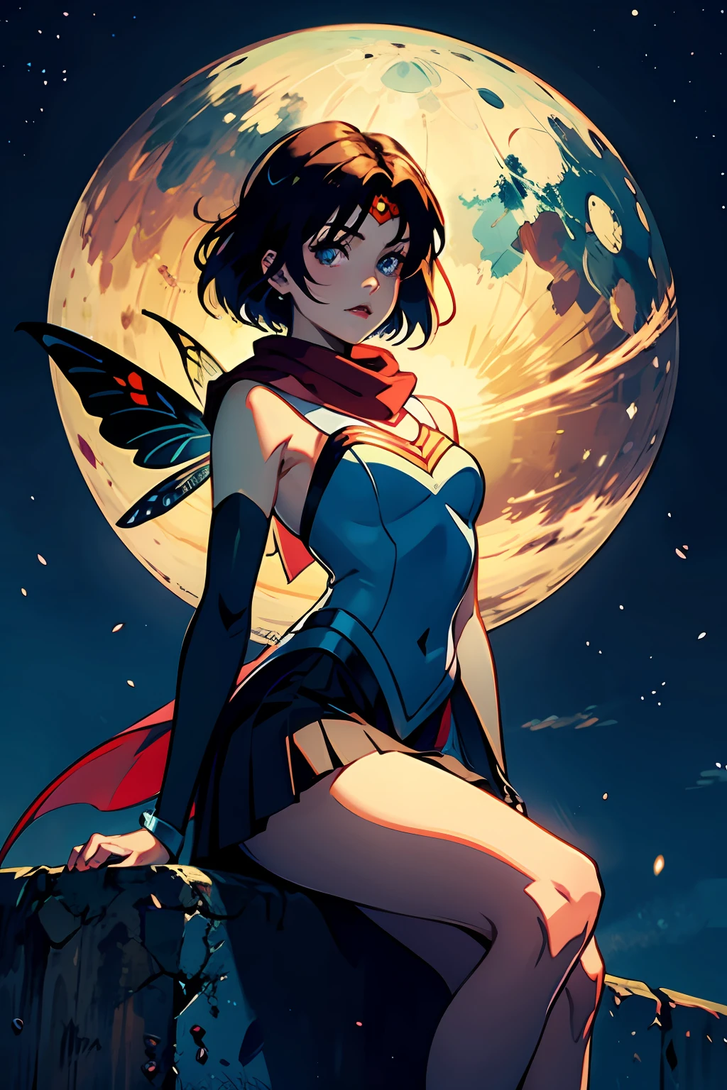 Butterfly Fairy, Sailor Moon, bust, angel, vampire, fangs, sad, spiritual short hair, red scarf, bulletproof helmet, knee skirt, insect wings, facing the viewer, middle finger, dusk, monet style, star Angel