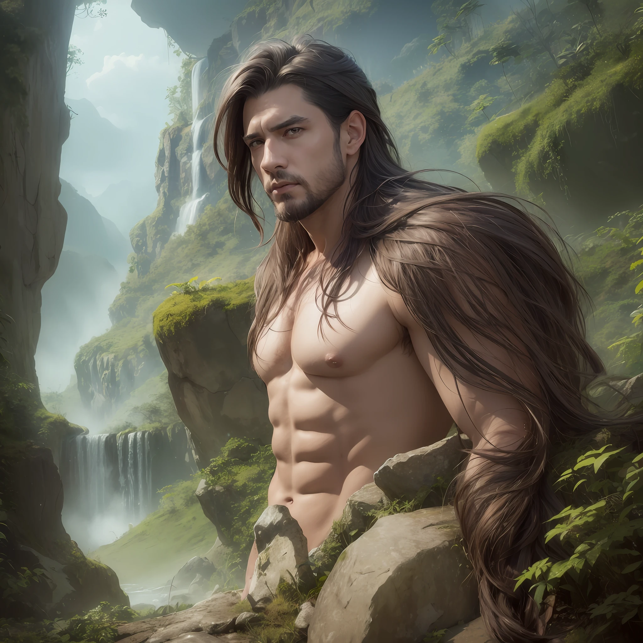 Portrait of loinclothed and topless logan jensen standing atop a rocky mountain with nice fantasy views of a jungle. Digital painting, artstation, concept art, soft focus, sharp, illustration.
