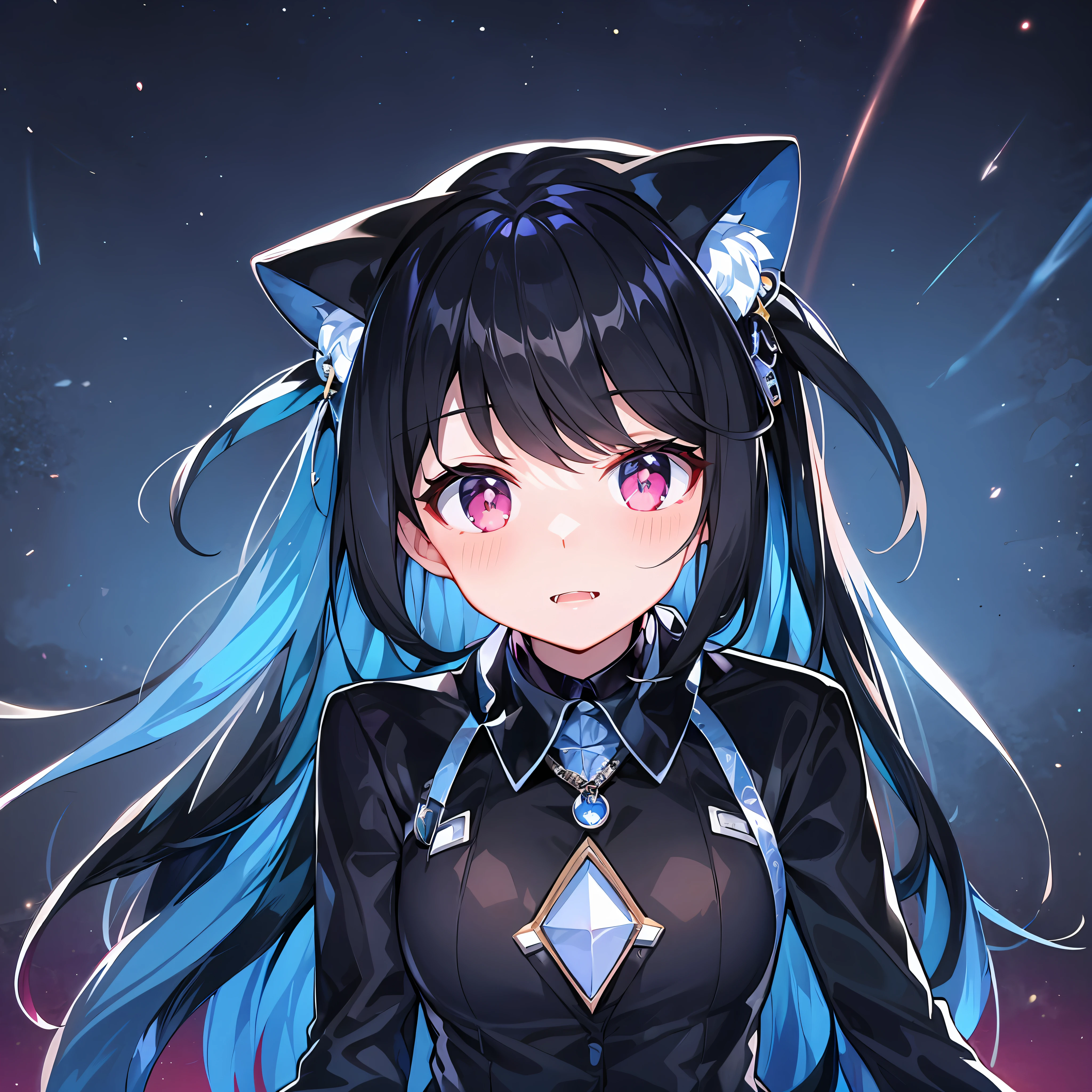 Black hair, space backdrop, big moon, fangs