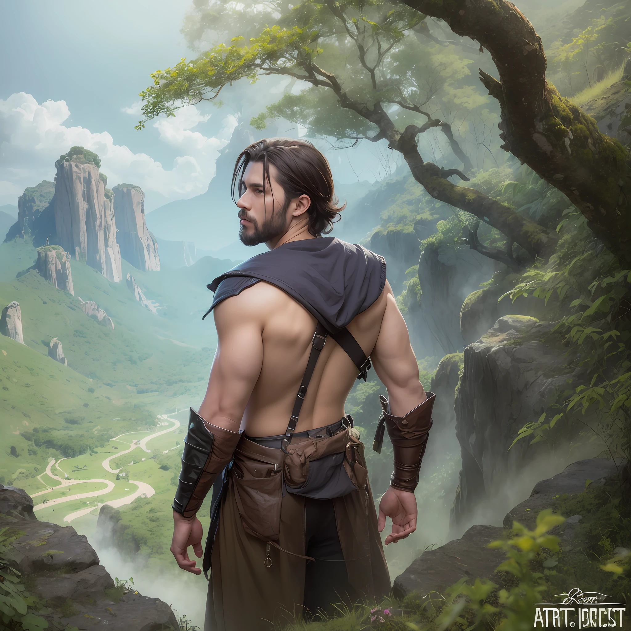 Portrait of loinclothed and topless logan jensen standing atop a rocky mountain with nice fantasy views of a jungle. Digital painting, artstation, concept art, soft focus, sharp, illustration.