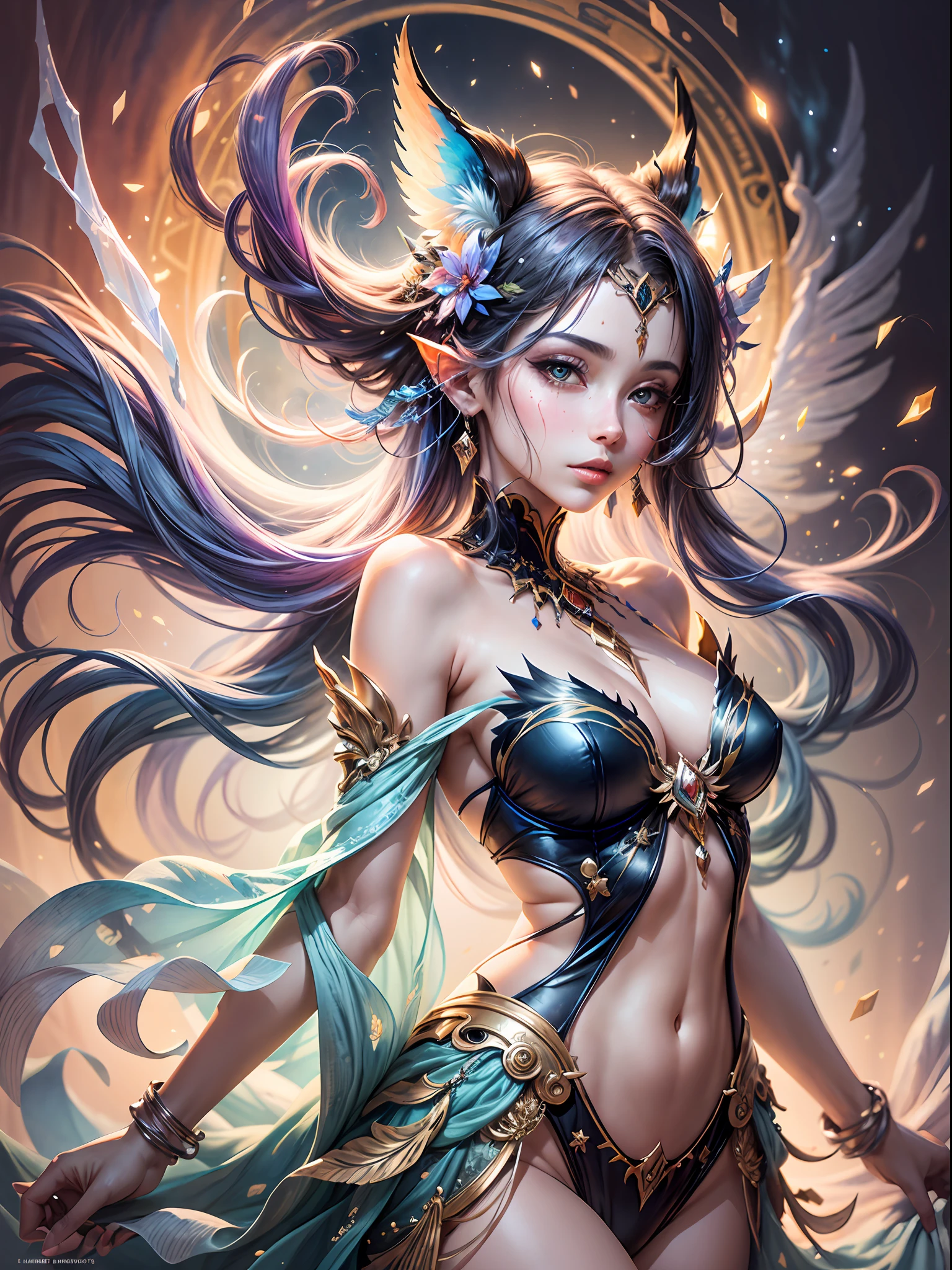 A captivating anime girl gracefully emerges from the pages of a watercolor painting, her vibrant and intricate colors breathing life into the artwork. She dons an extraordinary fantasy costume adorned with delicate details, reflecting the enchanting world she inhabits. Luminescent elements, like glowing crystals and ethereal wisps, surround her, casting a soft, otherworldly glow. The watercolor style imbues the image with a sense of fluidity and delicacy, as if the colors are effortlessly blending and bleeding into one another. Camera shot: medium shot, Camera lens: soft focus, Lighting: luminescent glow, watercolor brushstrokes,