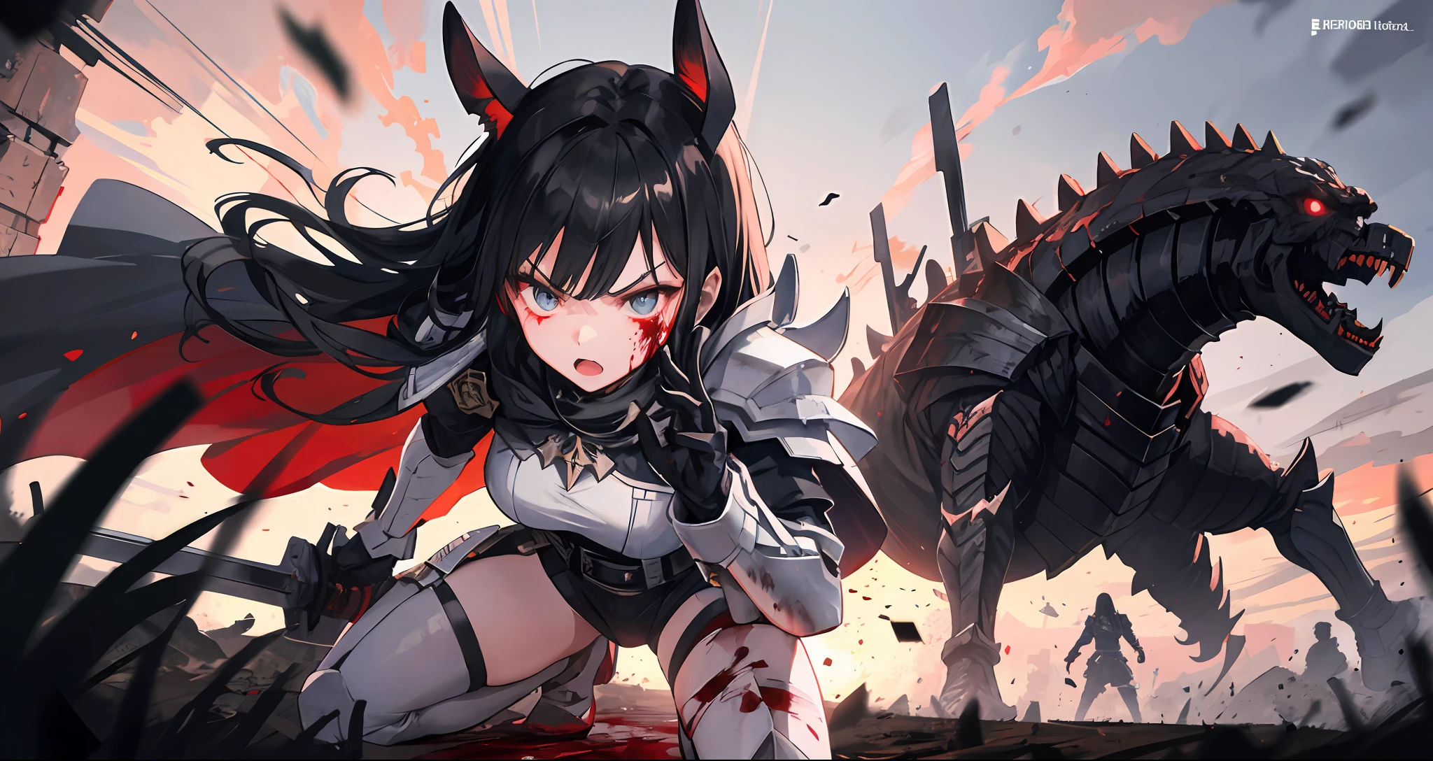 1 girl, white armor with blood, black sword slashing, cape with cross insignia, face with blood, long hair stuck and dirty, eyes red and angry, battlefield, people dying, bodies on the ground, killing monsters, sunset