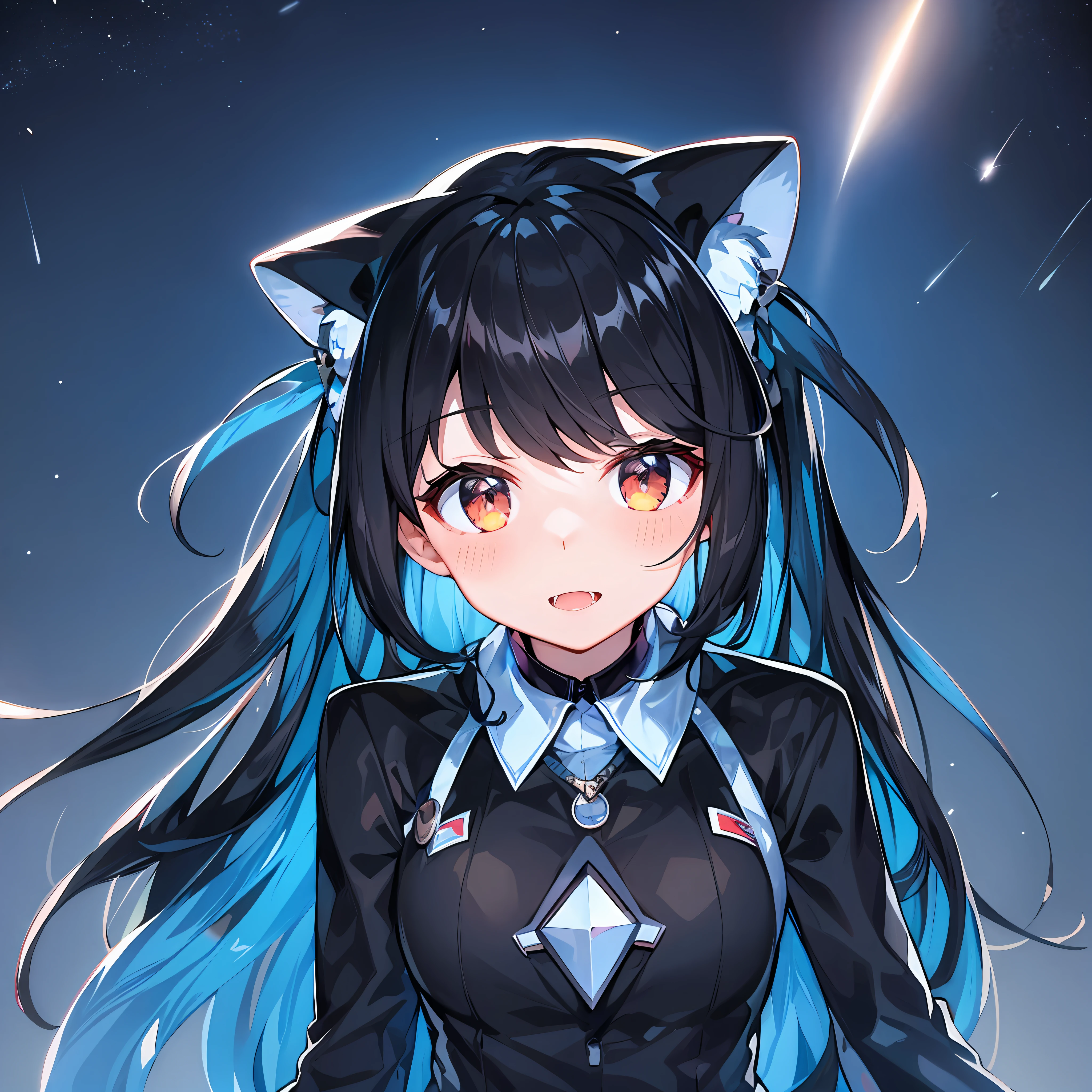 Black hair, space backdrop, big moon, fangs