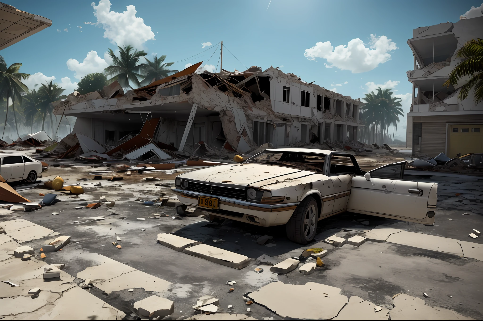 Realistic Miami Collapsed buildings with crumbling buildings and debris-filled streets depicting the aftermath of destruction, cars covered in dust,very sunny weather, Ultra 8k, gray weather, realism, cinematic lighting, volumetric lighting, very detailed, background blur