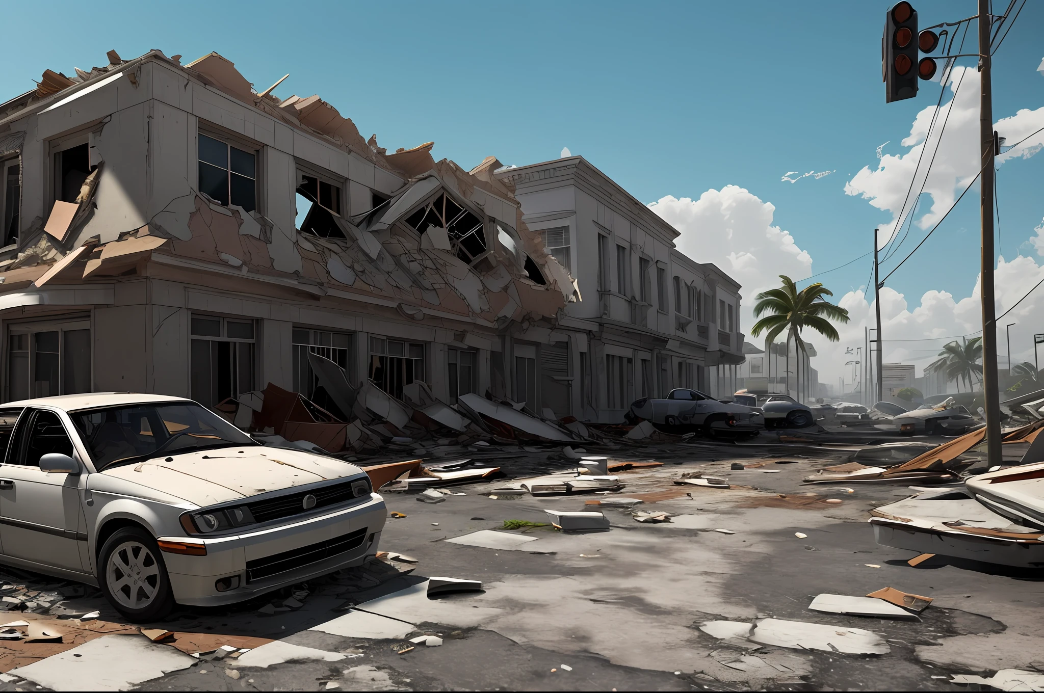 Realistic Miami Collapsed buildings with crumbling buildings and debris-filled streets depicting the aftermath of destruction, cars covered in dust,very sunny weather, Ultra 8k, gray weather, realism, cinematic lighting, volumetric lighting, very detailed, background blur