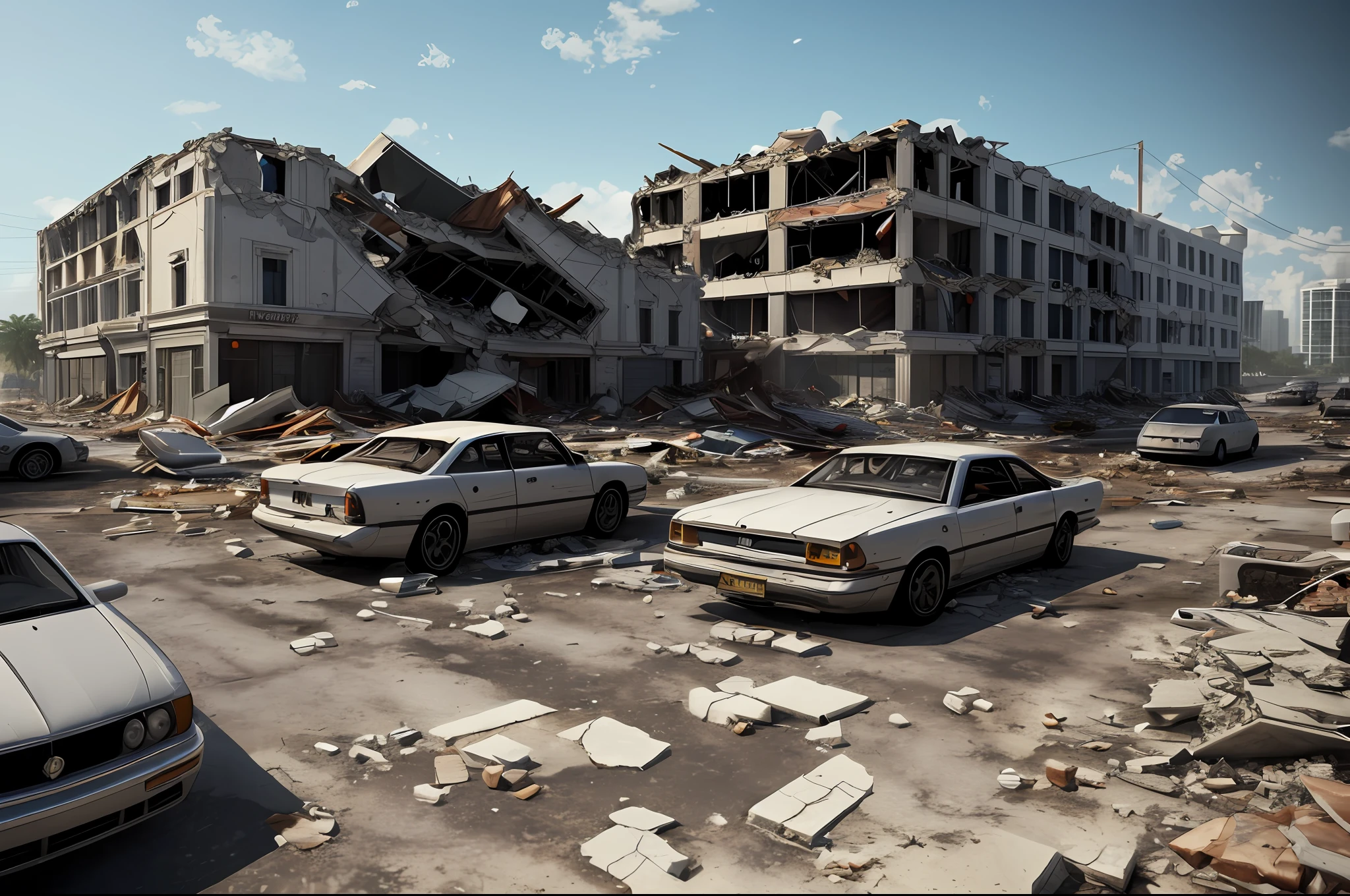 Realistic Miami Collapsed buildings with crumbling buildings and debris-filled streets depicting the aftermath of destruction, cars covered in dust,very sunny weather, Ultra 8k, gray weather, realism, cinematic lighting, volumetric lighting, very detailed, background blur