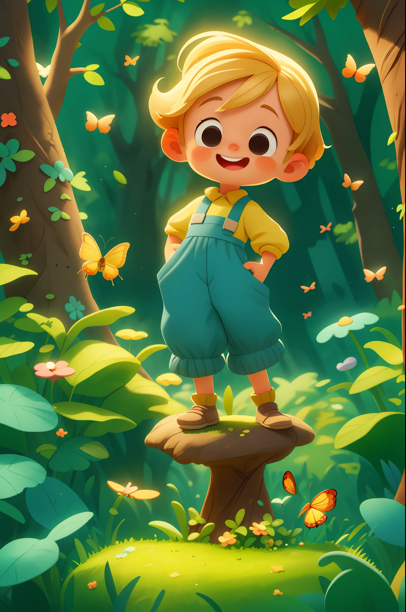 A beautiful happy standing, short blonde hair, wearing a blue space costume, playing with a butterfly, outdoors, background forest, child, toon, pixar style, 3d, cartoon, detailed face, asymmetrical, in front of a large tree, full of golden lights around him
