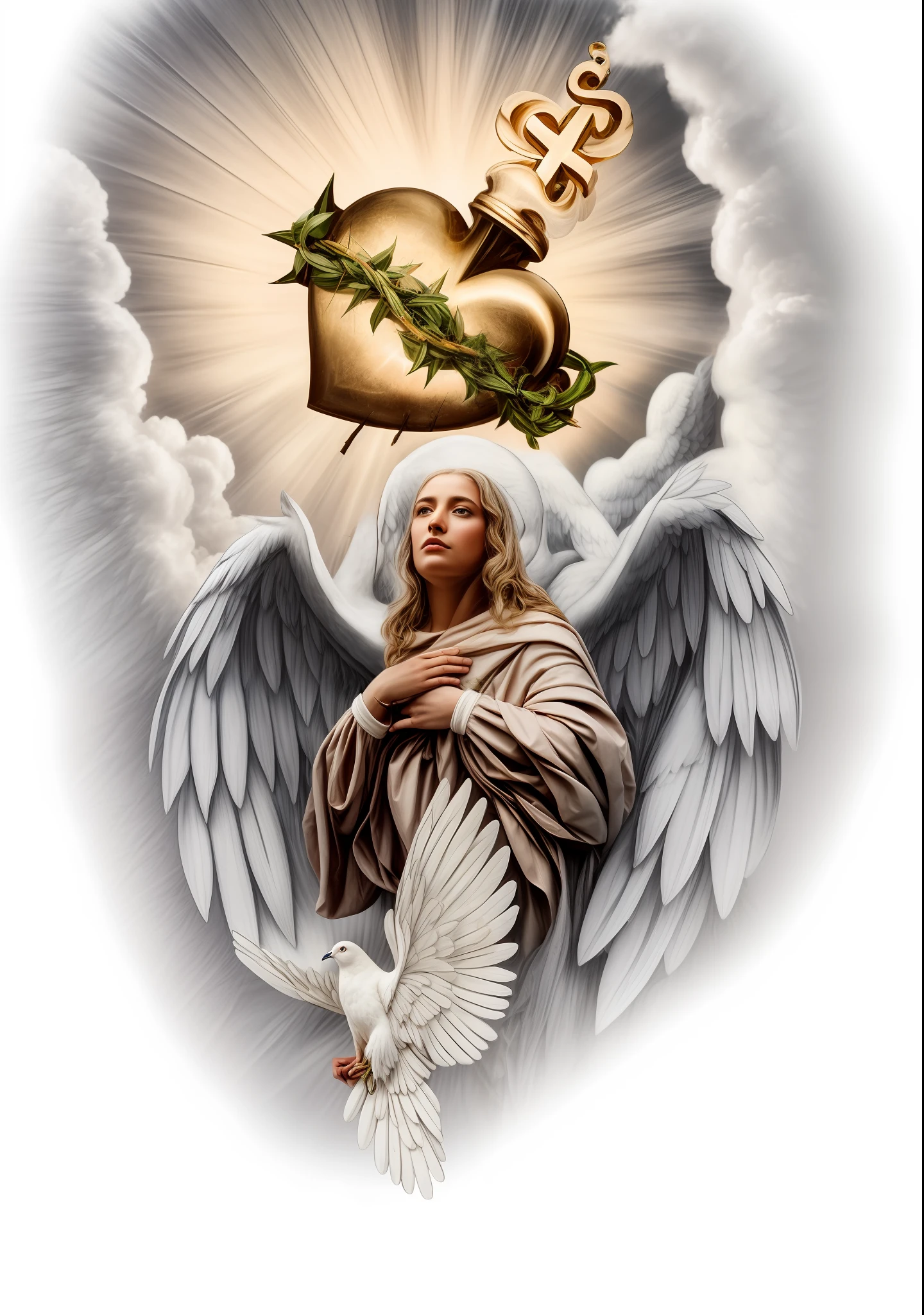 a drawing of a saint with angel wings,woman with wings,a white dove under and above the head of the saint a sacred heart with a cross and thorns around it, clouds in the background with rays of sunshine,reflecting lights,bulky wings,8k,design of pencil drawing