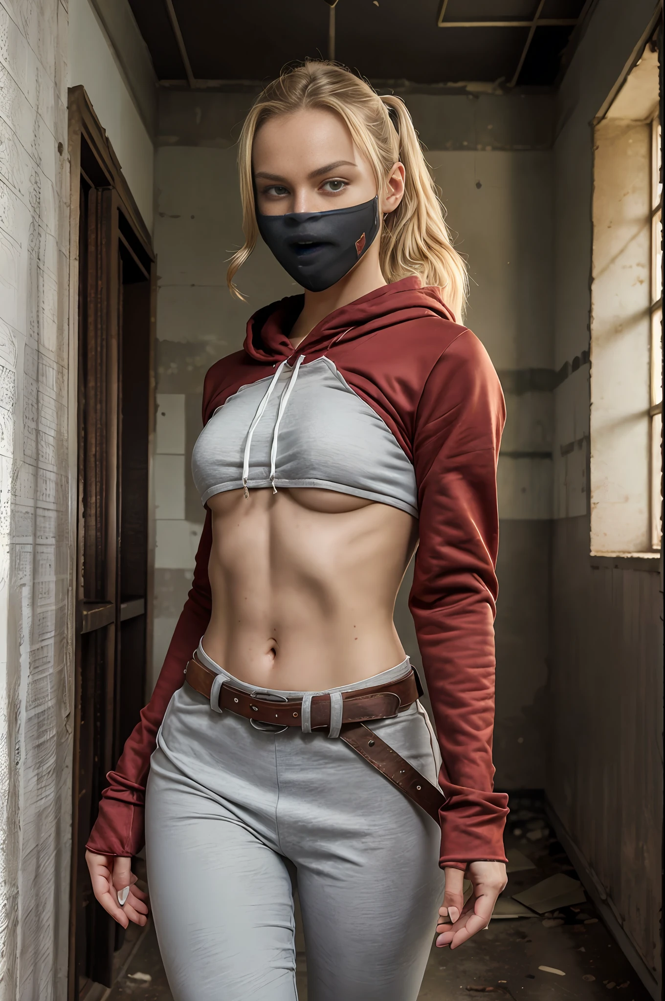 absurdres, RAW photo, highest quality, (masterpiece: 1.3), professional photo, CG 8k wallpaper unit extremely detailed, photo-realistic, realistic, RAW photo, masterpiece, best quality, highres,
1girl, 19 YEARS OLD, white, blonde hair, wavy, Average length, ponytail, athletic body, thin legs, perfect gorgeous face, beautiful light brown realistic eyes, fair skin, detailed skin texture, very small natural breasts. Serious, focused. Silhouette in the shadows. Face in the shadows. He carries katana and wakizashi on his belt. (Red closed sweatshirt with raised hood, red leggings, boots, gloves, dirty and old clothes, red ninja mask. realistic design). Corridor dark, gloomy, terrifying, at night. Abandoned house. Air of menace.